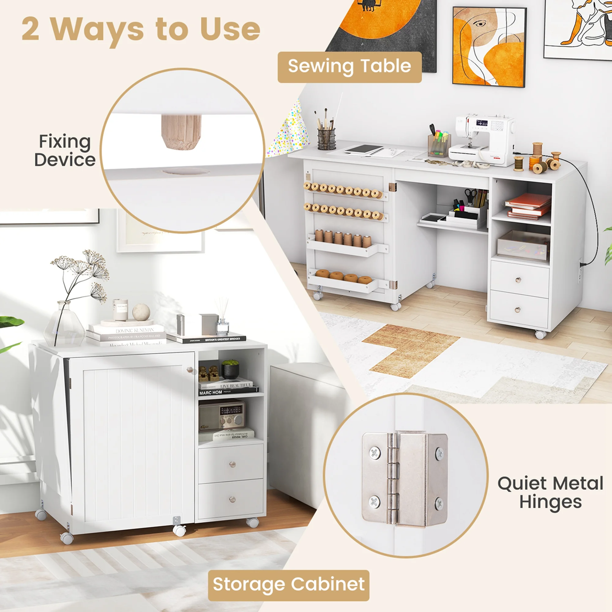 Costway Folding Sewing Table Charging Station Multifunctional Sewing Machine Cart Table - Image 5