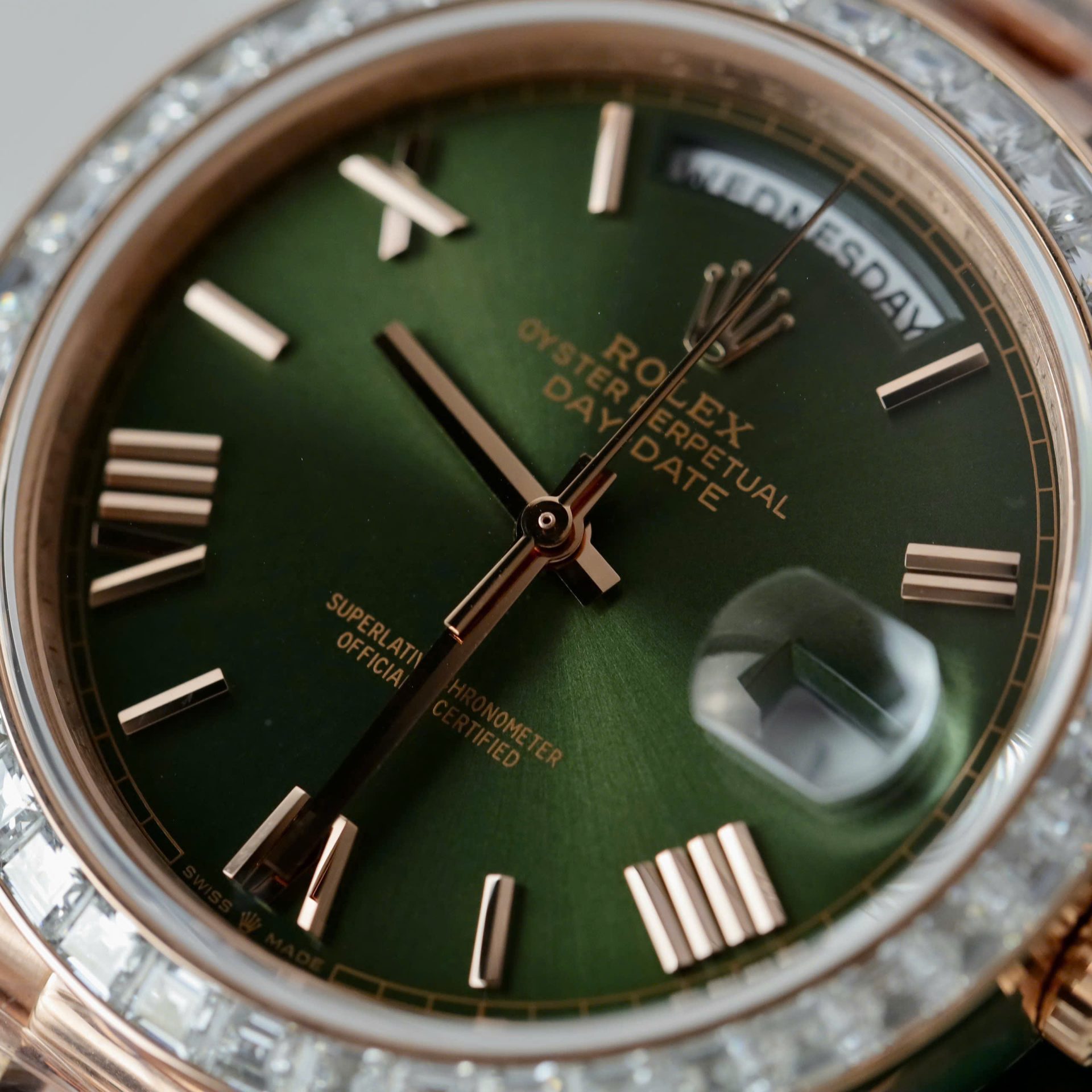 Rolex Day-Date Geen Dial Copies Watches Gold Wrapped + Diamonds Moissanite Baguette 40mm - Elite Watch Atelier