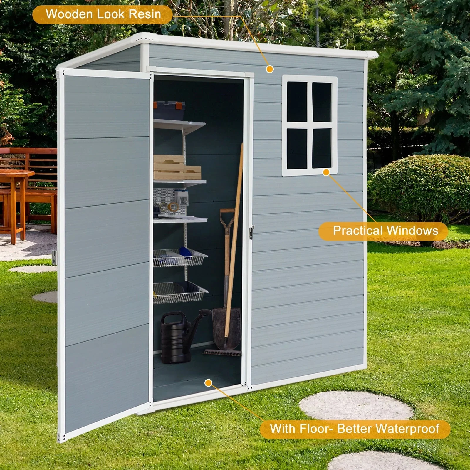 Seizeen Outdoor Resin Storage Shed, 41 Cu. Ft. / 306 Gal, Gray, 3 Doors With Floor - Image 22 Seizeen Outdoor Resin Storage Shed, 41 Cu. Ft. / 306 Gal, Gray, 3 Doors With Floor - Image 22