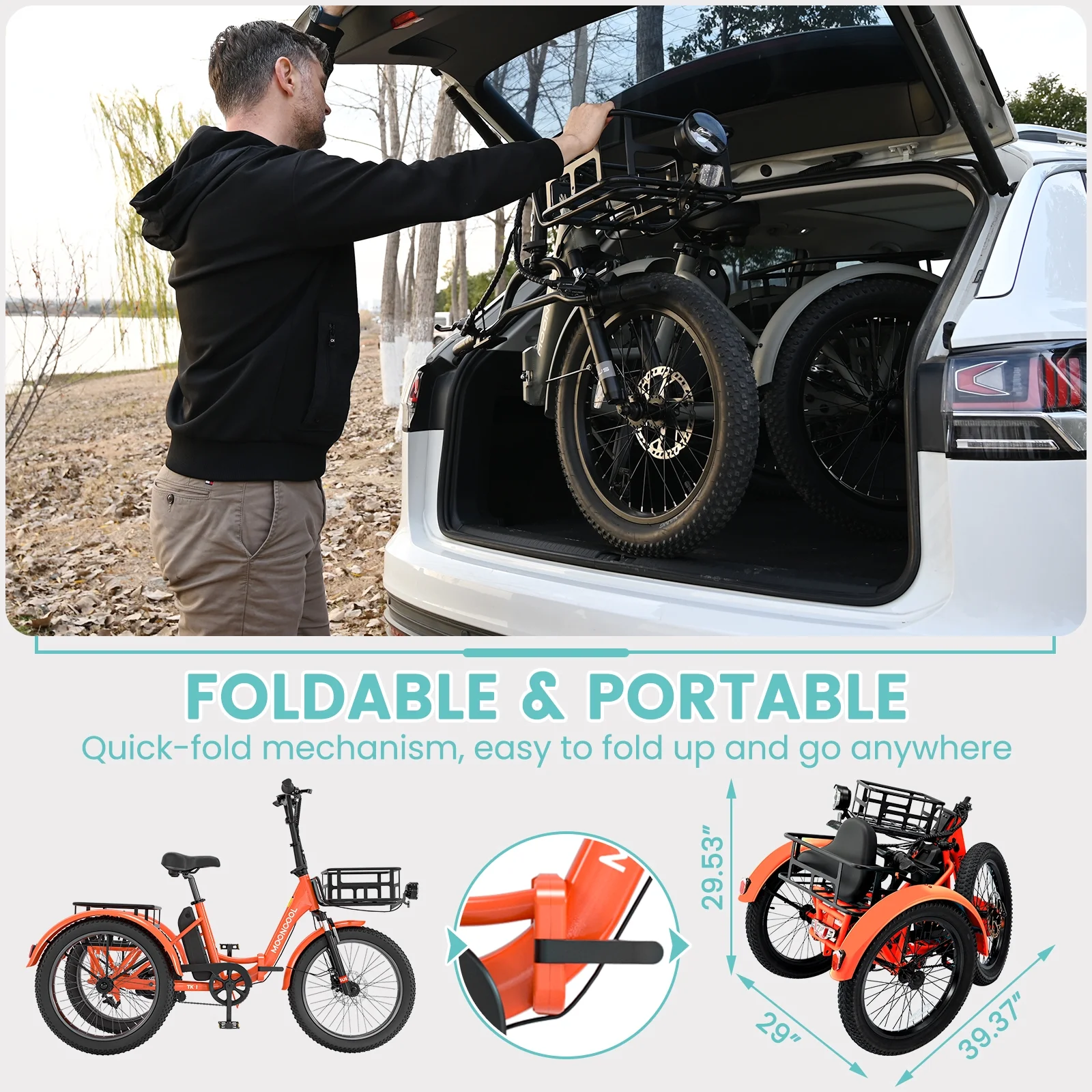 MOONCOOL TK1 Folding Electric Tricycle for Adults,48V 14.5Ah Removable battery, 500W(Peak 1000w)Motor, 20" Fat Tire Step-Thru 3Wheel Electric Bicycle w/Front&Rear Baskets, Certified to UL 2849 by SGS - Image 8