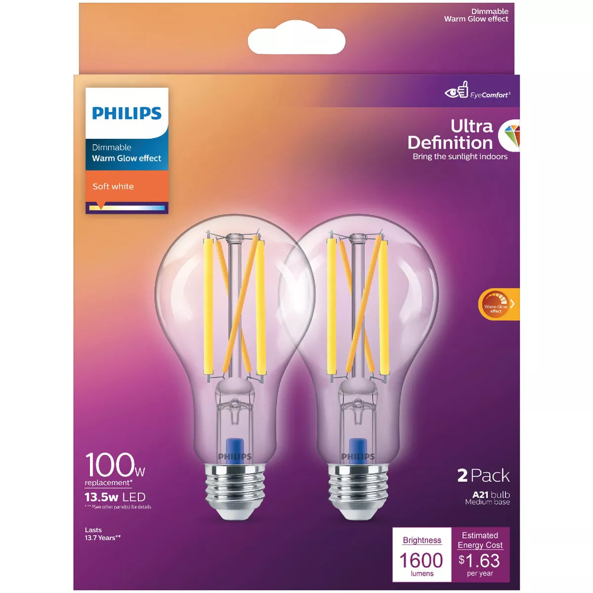 Philips Ultra Definition Warm Glow Vintage 100W Equivalent Soft White A19 Medium LED Light Bulb (2-Pack)