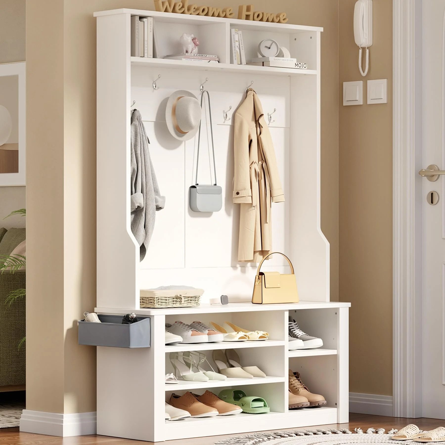 Lofka 5-in-1 Hall Tree with Bench and Shoe Storage, Entryway Hall Tree with Coat Rack, Adjustable Shoe Storage, 2-tier top storage,White - Image 5