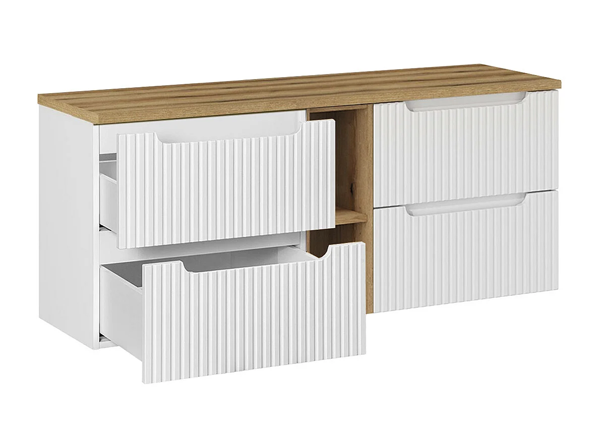 Ensemble meuble double vasque 140cm 4 tiroirs 2 niches et colonne Riva Blanc et Bois