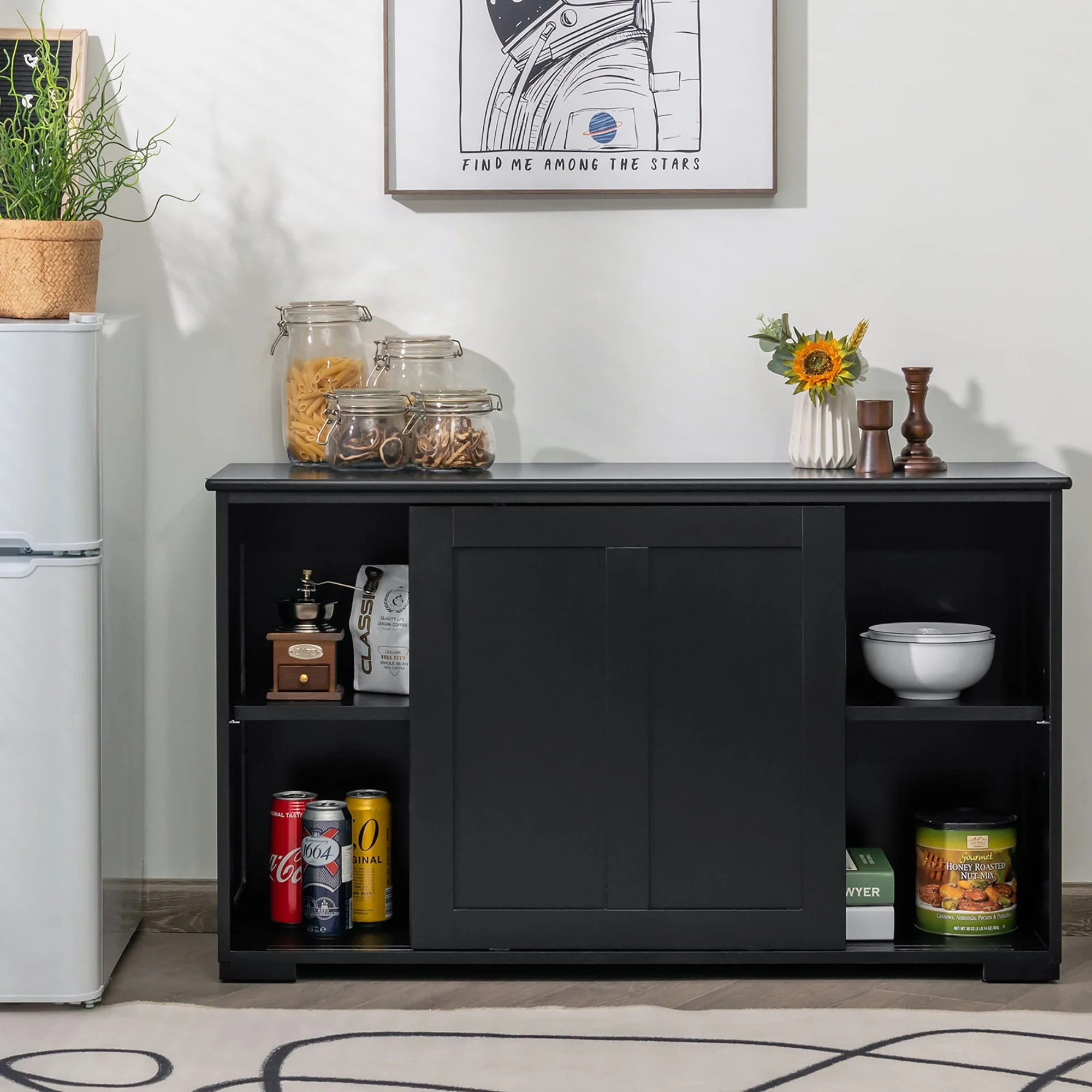 Costway Kitchen Storage Cabinet Sideboard Buffet Cupboard Wood Sliding Door Pantry Black