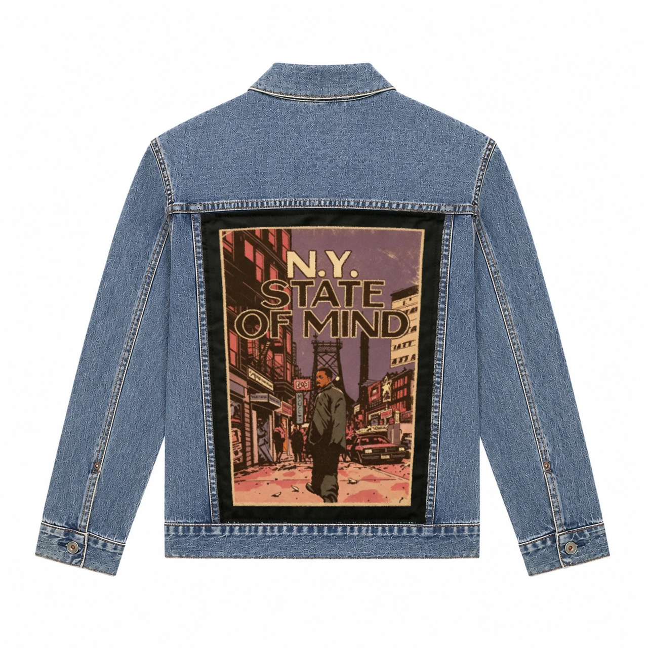 Custom Back Patch Denim Trucker Jacket – Personalized Washed Blue Vintage Jean Jacket