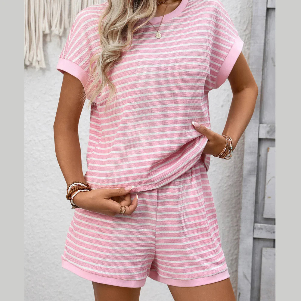Striped Casual Round Neck Top and Shorts Set - ZKZOOK