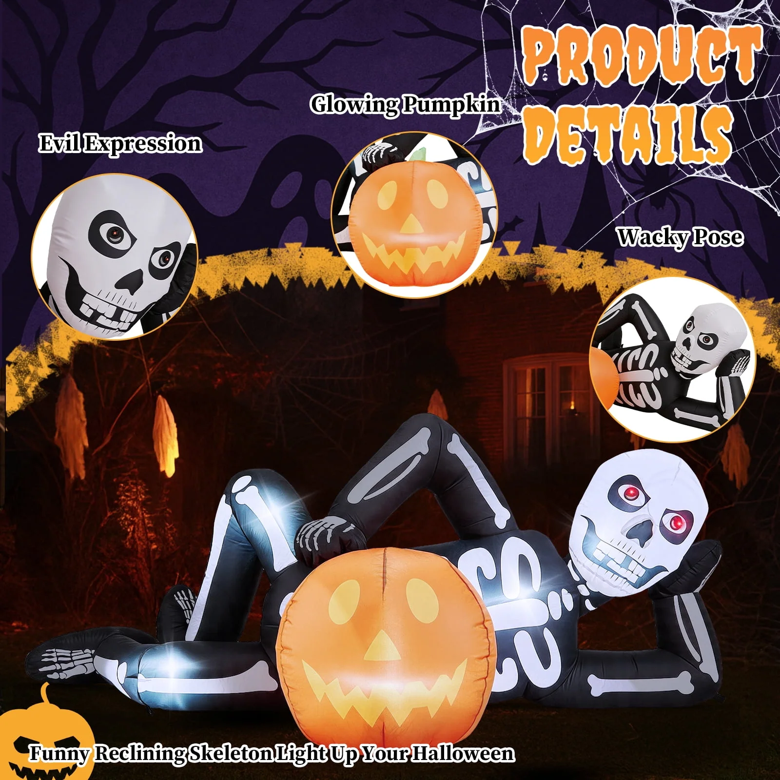 Ktaxon 7' Halloween Inflatables Skeleton Outdoor Halloween Decoration Reclining Skeleton with Pumpkin,Built-In LED Lights - Image 7 Ktaxon 7' Halloween Inflatables Skeleton Outdoor Halloween Decoration Reclining Skeleton with Pumpkin,Built-In LED Lights - Image 7