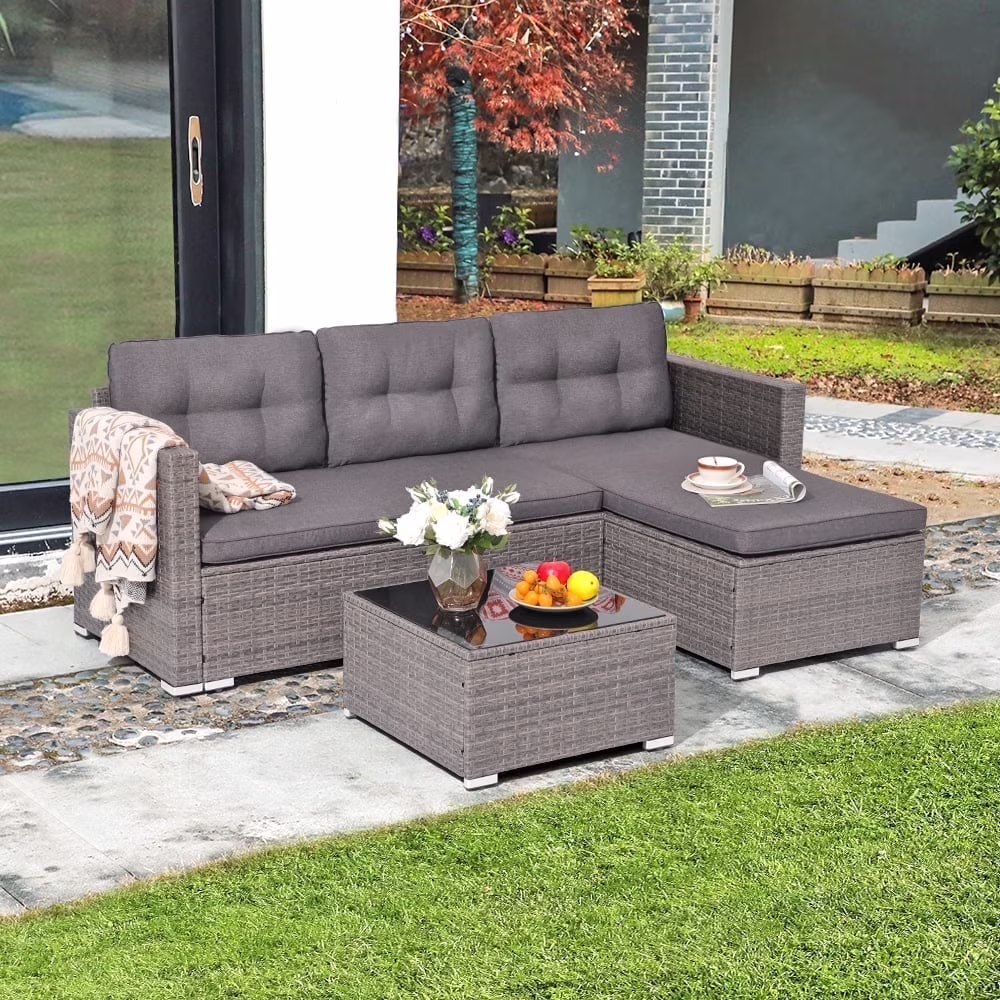JOIVI 3 Pieces Patio Conversation Set, PE Wicker Rattan Outdoor Furniture Set, 2 Ways Small Sectional Sofa, Tempered Glass Coffee Table, Silver-Gray - Image 7