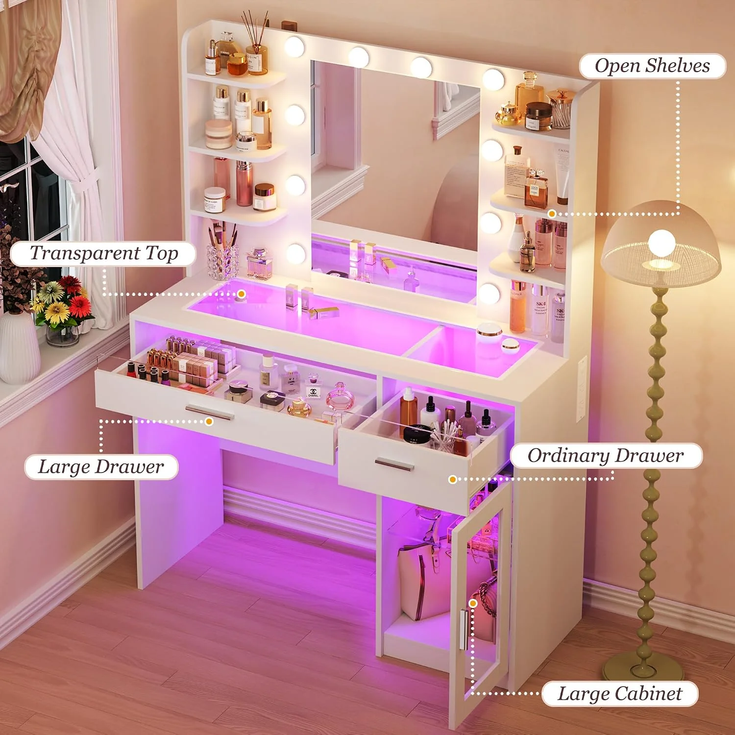 Fixwal Vanity Desk with Mirror and Lights, Makeup Vanity Table with RGB Drawers, 3-Color LED Lighting, Tempered Glass Top, 6 Shelves, Power Outlet, 35.4"W x 15.7"L x 55.1"H - Image 4 Fixwal Vanity Desk with Mirror and Lights, Makeup Vanity Table with RGB Drawers, 3-Color LED Lighting, Tempered Glass Top, 6 Shelves, Power Outlet, 35.4"W x 15.7"L x 55.1"H - Image 4