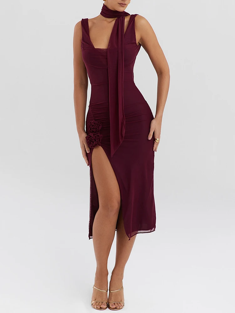 Elegant Flower High Split Sexy Midi Dress For Women Two Layer Mesh Sleeveless Backless Bodycon Club Dress Party Outfits - AZJHJ