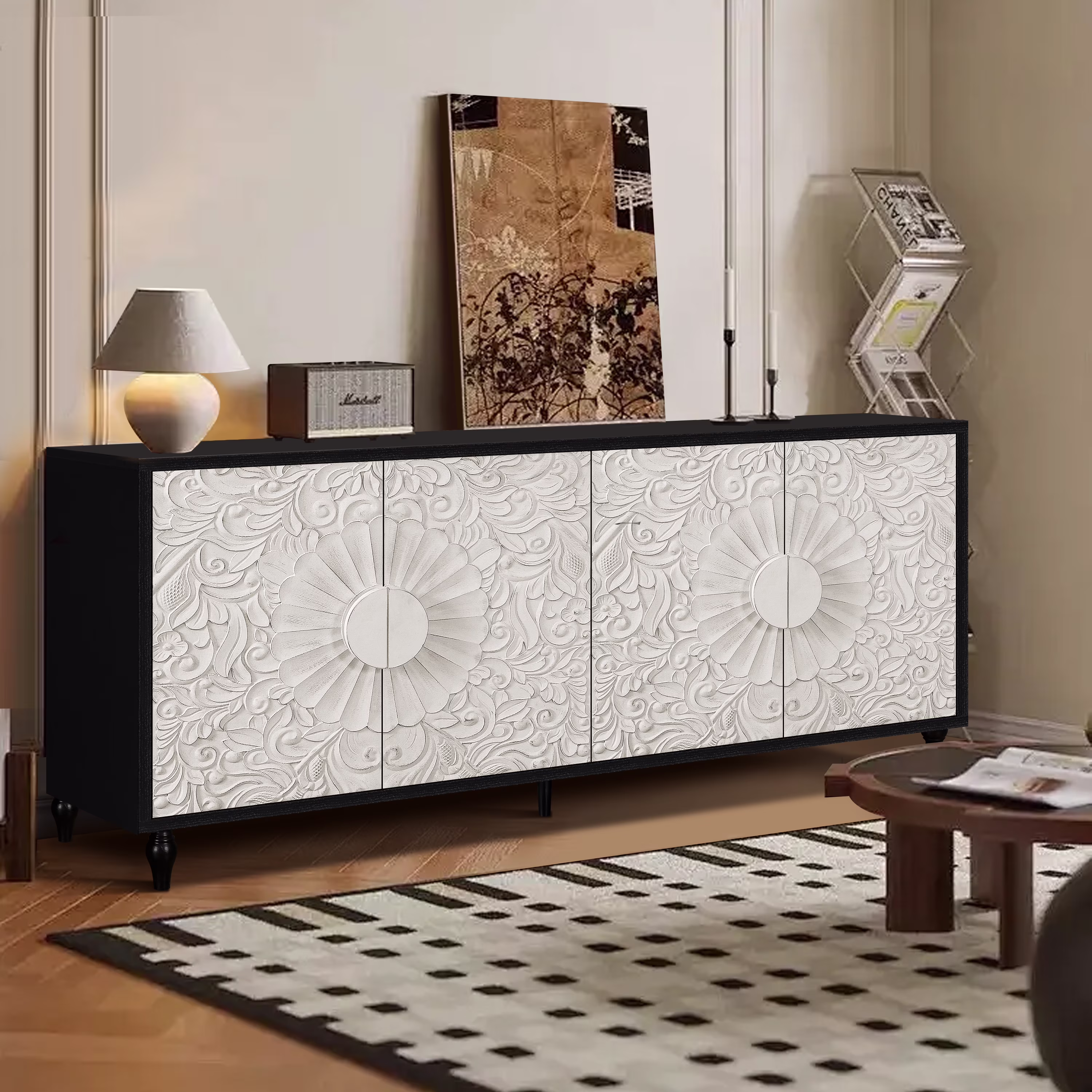 Aukfa 63" Large Accent Storage Cabinet TV Stand with Carved Door for Living Room,Entryway,Natural - Image 3
