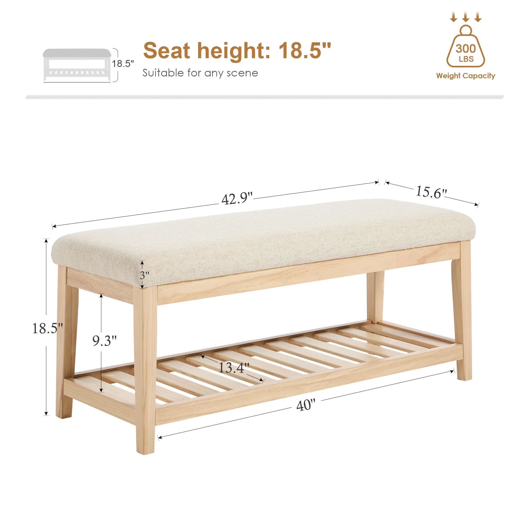 Zesthouse 42.9�?Shoe Bench with Storage, Entryway Bench for Living Room, Bedroom and Hallway, Linen Fabric Upholstered Bench with Solid Wood Shelf, Gray - Image 14