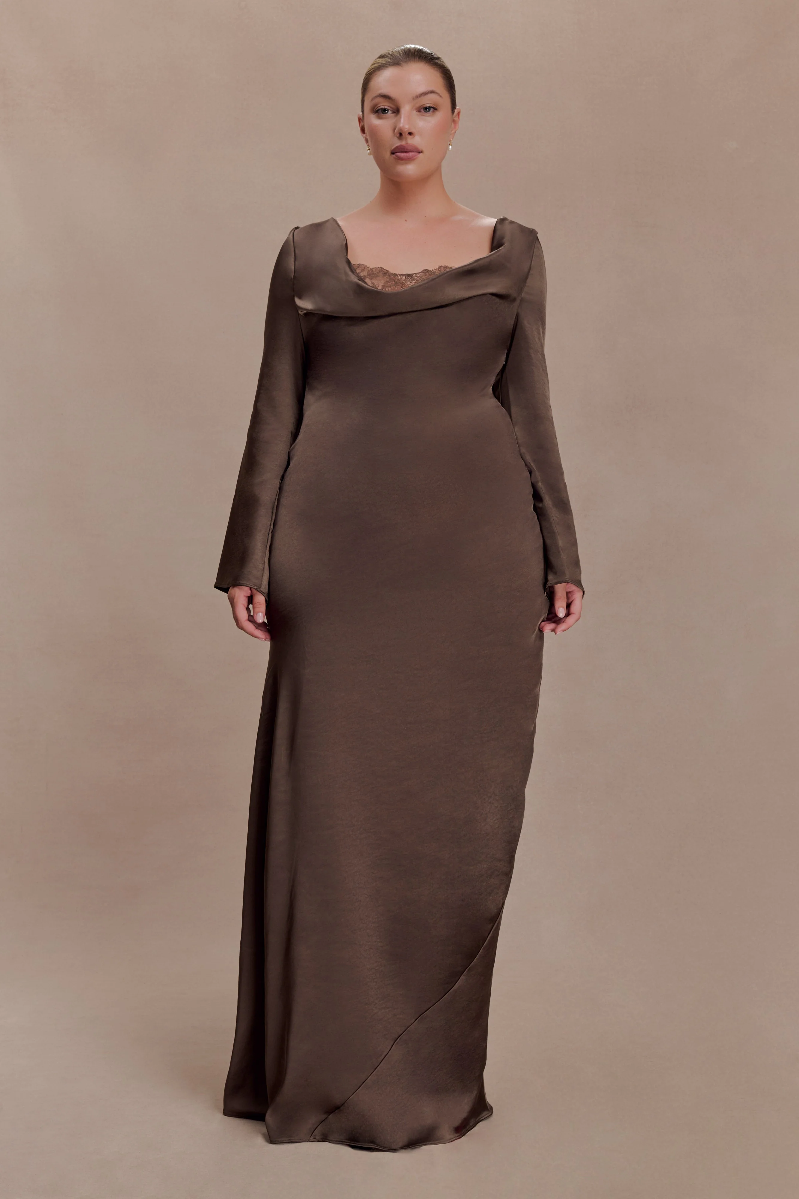 Eliza Long Sleeve Cowl Lace And Satin Maxi Dress - Mocha
