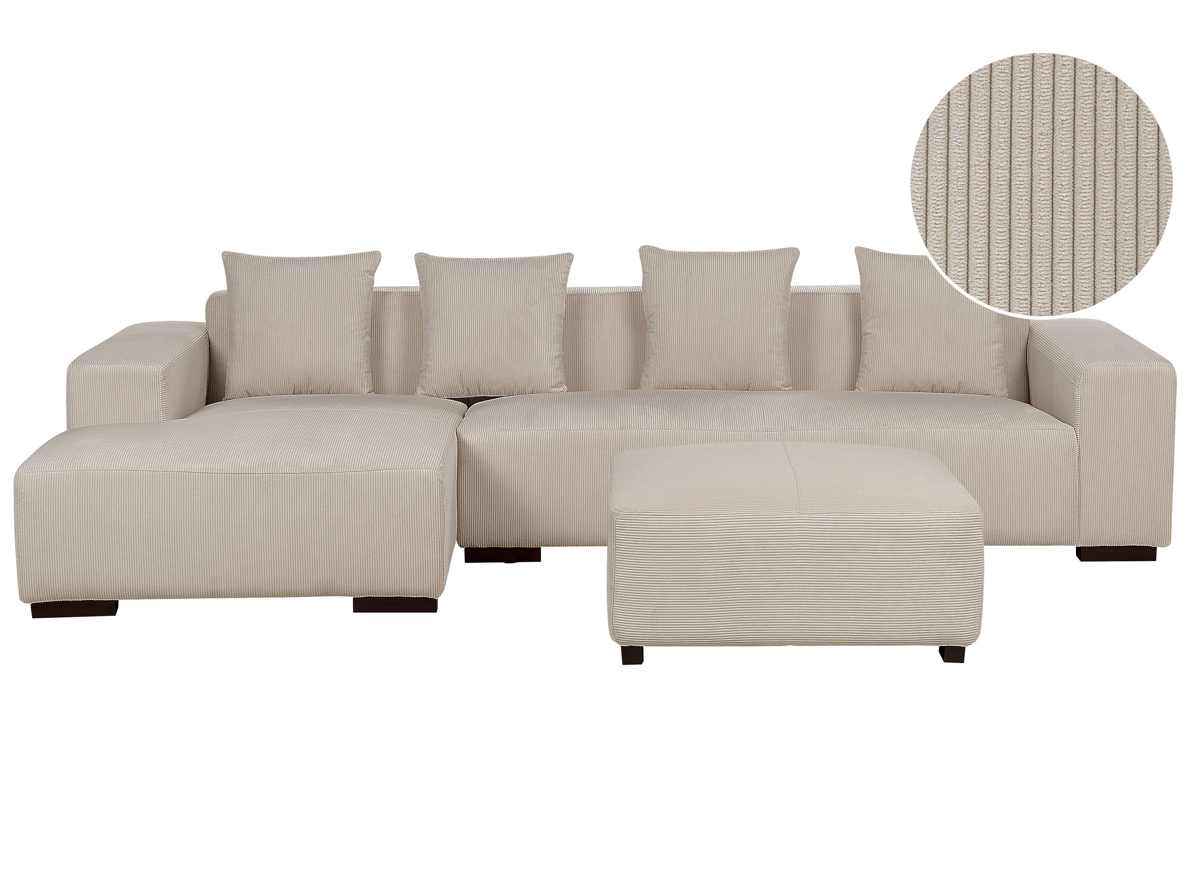 Corner Sofa 4 Seater LUNGO Corduroy Beige with Ottoman Right Hand