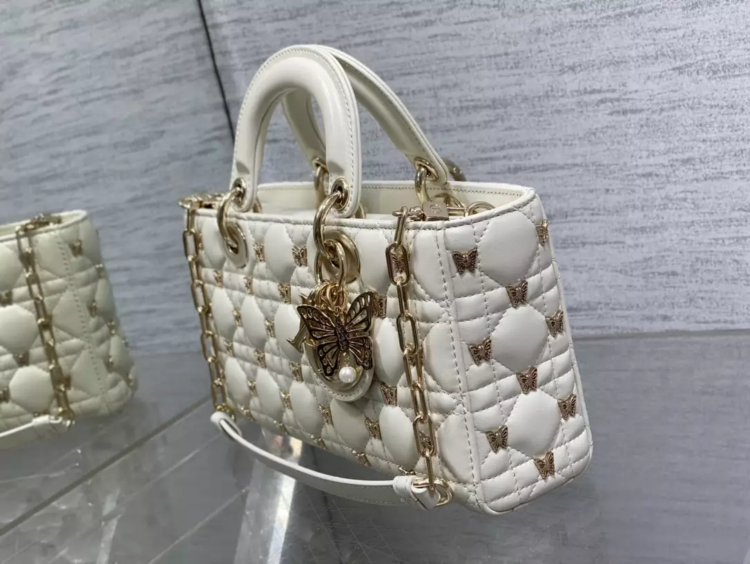 Medium Lady D-Joy Bag White Cannage Lambskin with Gold-Finish Butterfly Studs1:1High-quality replica
