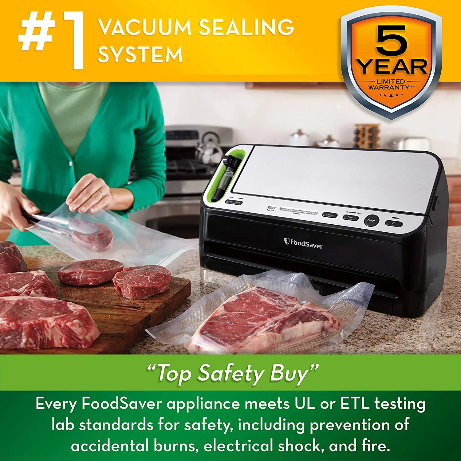 Foodsaver V4400 2-in-1 Vacuum Sealer Machine with Automatic Bag Detection and Starter Kit | Safety Certified | Black and Silver