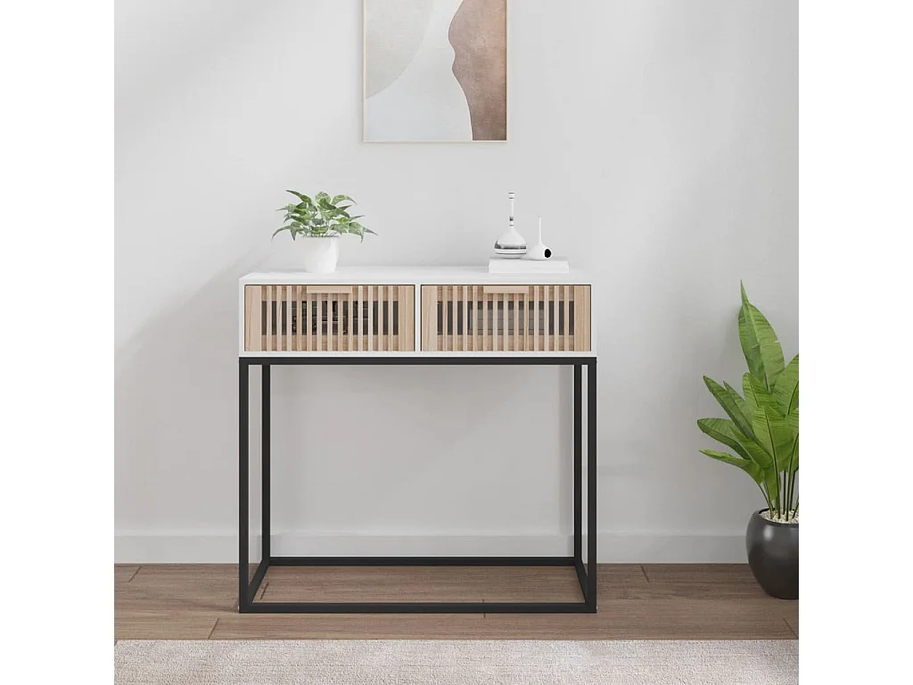 Table console, Table d'entrée pour salon, Bout de canapé, Table d'appoint blanc 80x30x75 cm bois d'ingénierie et fer OKI7792 BonneVie Meuble