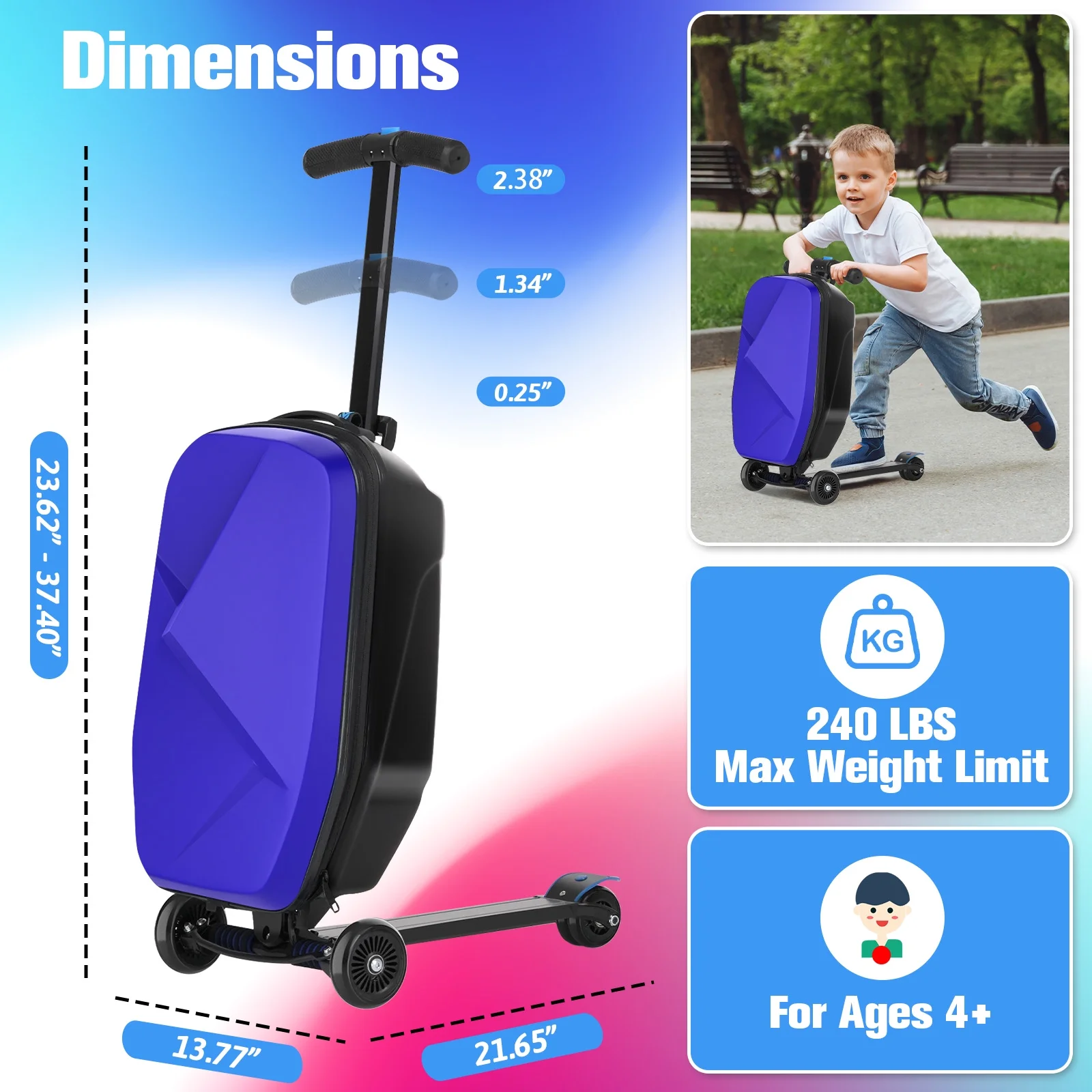 Advwin Scooter Luggage for Kids & Adults, Hardside Ride on Suitcase for Kids Ages 4-15 Multifunctional Lightweight Foldable Carry on Luggage with Wheels Ride on for Children Teenagers, Pink - Image 43