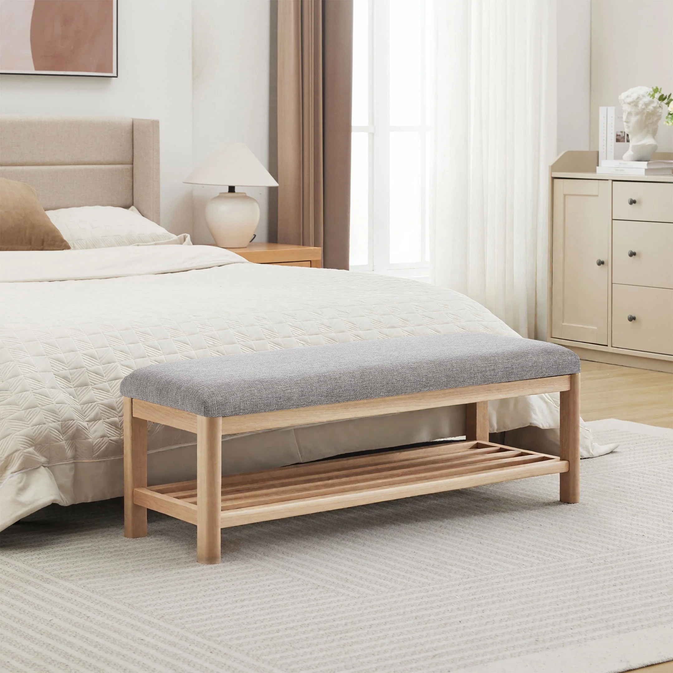 Zesthouse 42.9�?Shoe Bench with Storage, Entryway Bench for Living Room, Bedroom and Hallway, Linen Fabric Upholstered Bench with Solid Wood Shelf, Gray - Image 12
