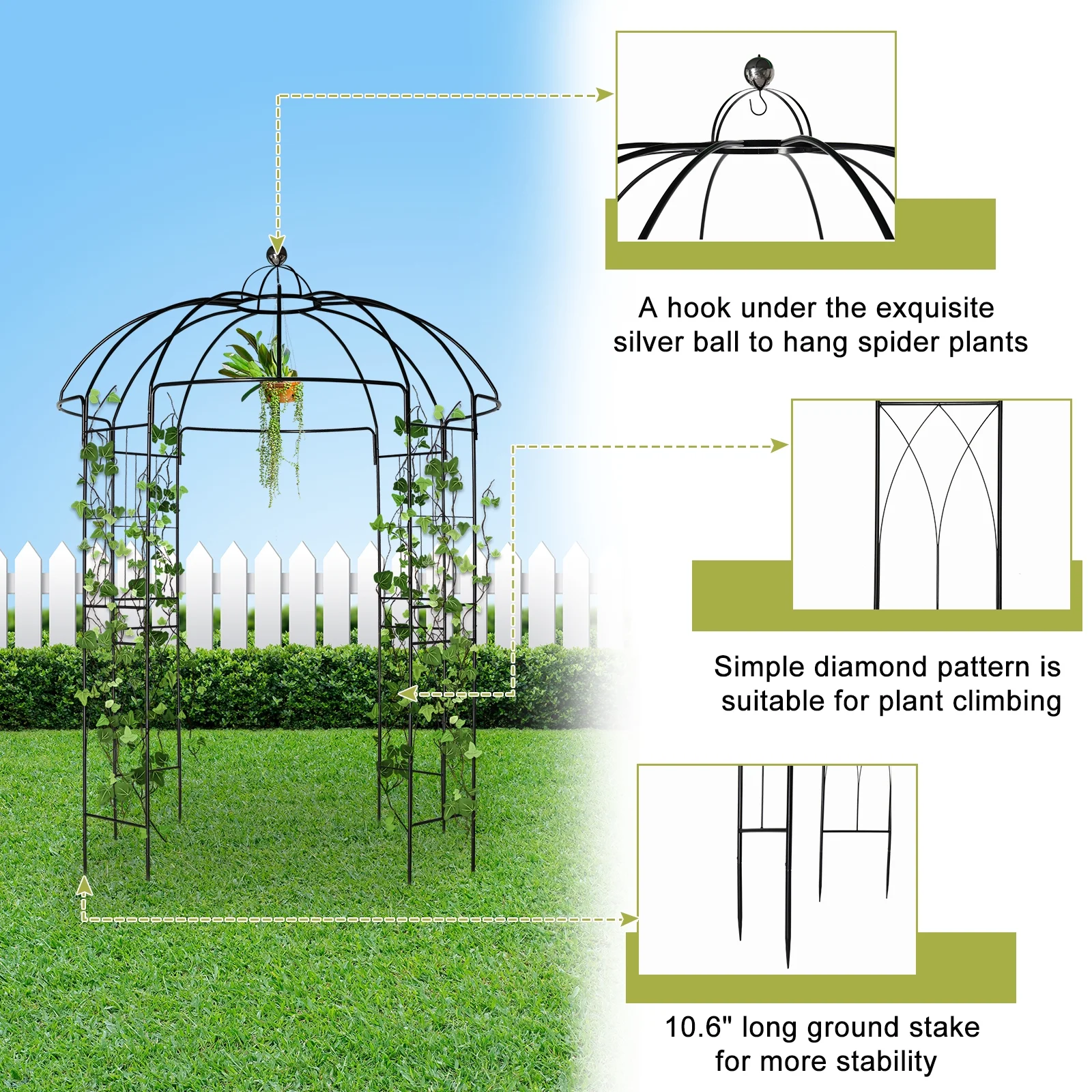 IVV Birdcage Shape Garden Arch, 8.9'Hx6.8'Dia, Pergola Plant Climbing Trellis Arbor Heavy Duty Metal Gazebo Garden Arch for Outdoor Arbor Climbing Plants Backyard Patio Wedding Ceremony, Black - Image 5