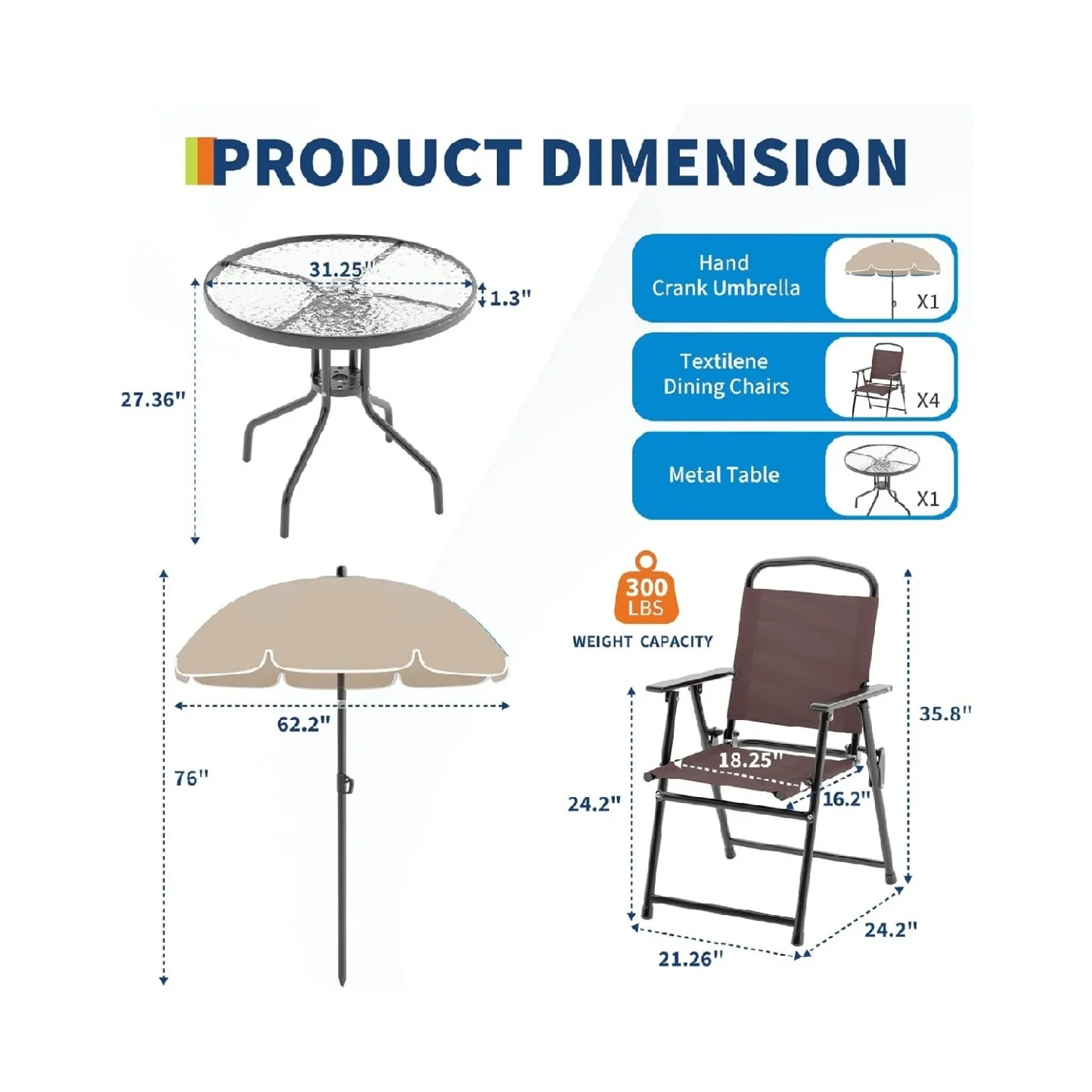 6 Pieces Outdoor Dining Set With Umbrella, Patio Table and 4 Folding Chairs With Umbrella, Garden Patio Furniture Set With Umbrellas, Tempered Glass Top Dining Table - Image 20