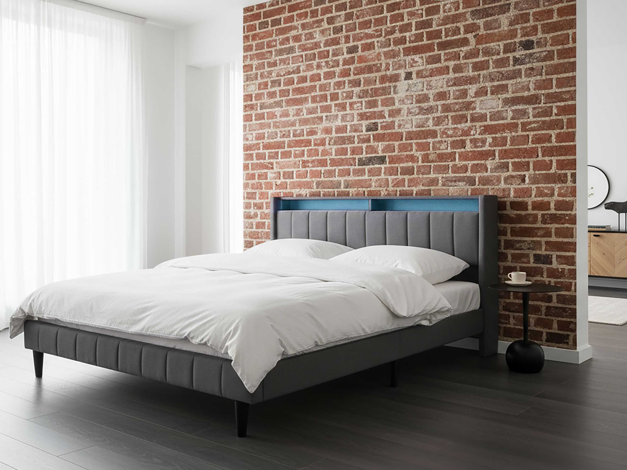 Bed with LED Fabric BEAULIEU 180 x 200 cm (EU Super King) with USB Port with Storage Dark Grey