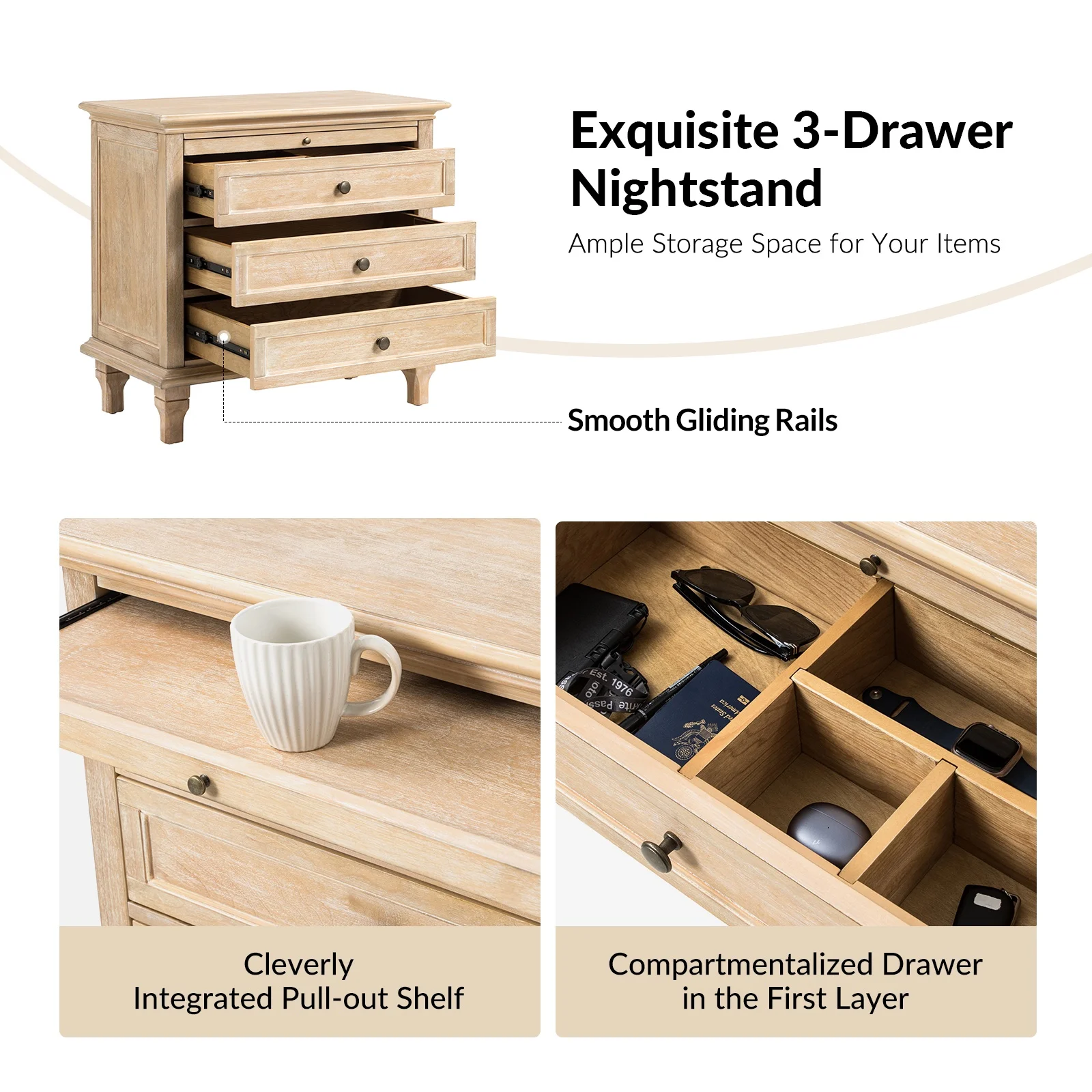 Farmhouse 3 Drawers Nightstand with Tray Bedside Table with Charging Station Acorn - Image 21