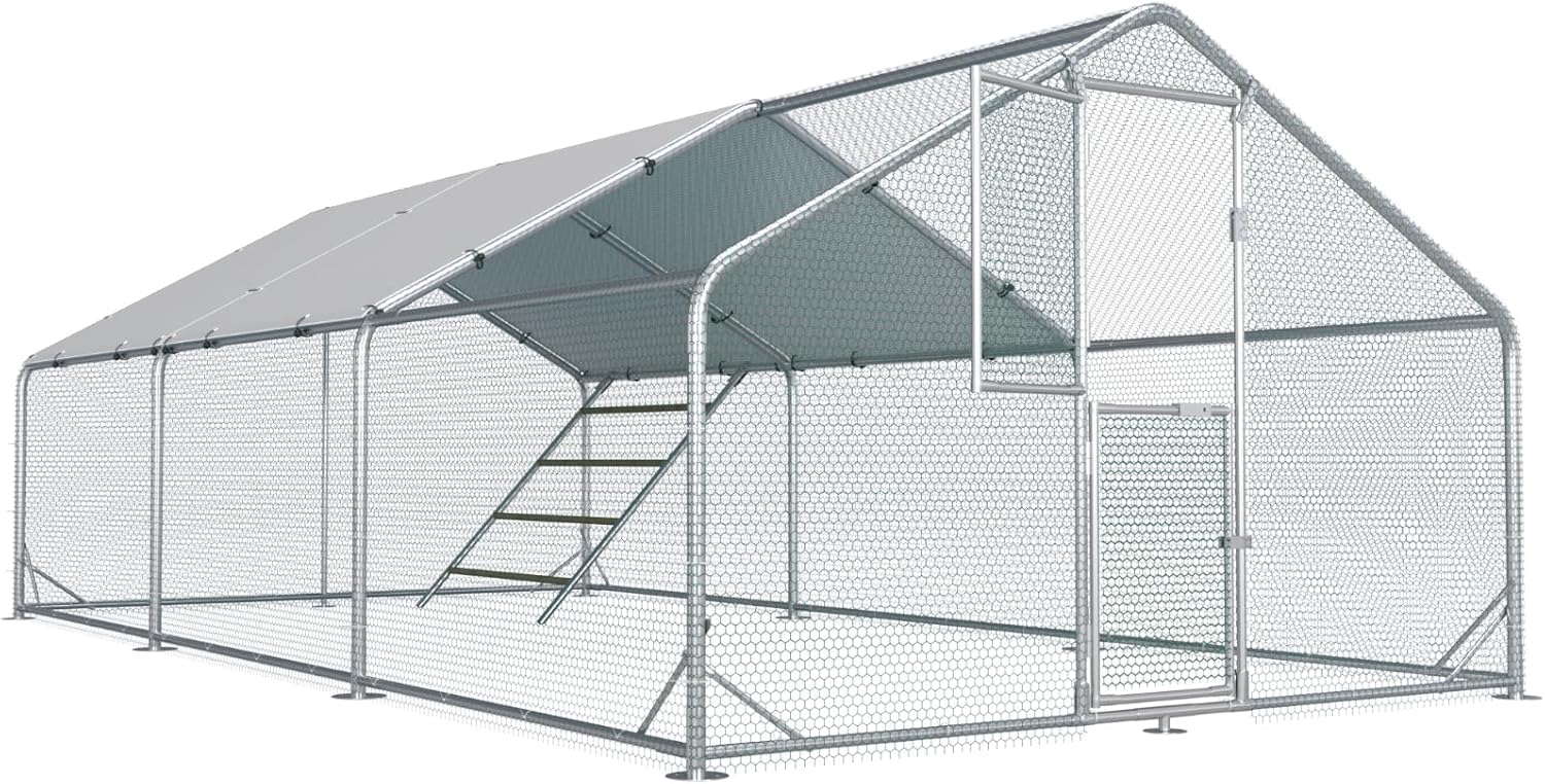 Metal Chicken Run With Feeding Door, Anti-UV Cover And Perch - 6-5x10-ft, 13x10-ft, 20x10-ft Or 26x10-ft