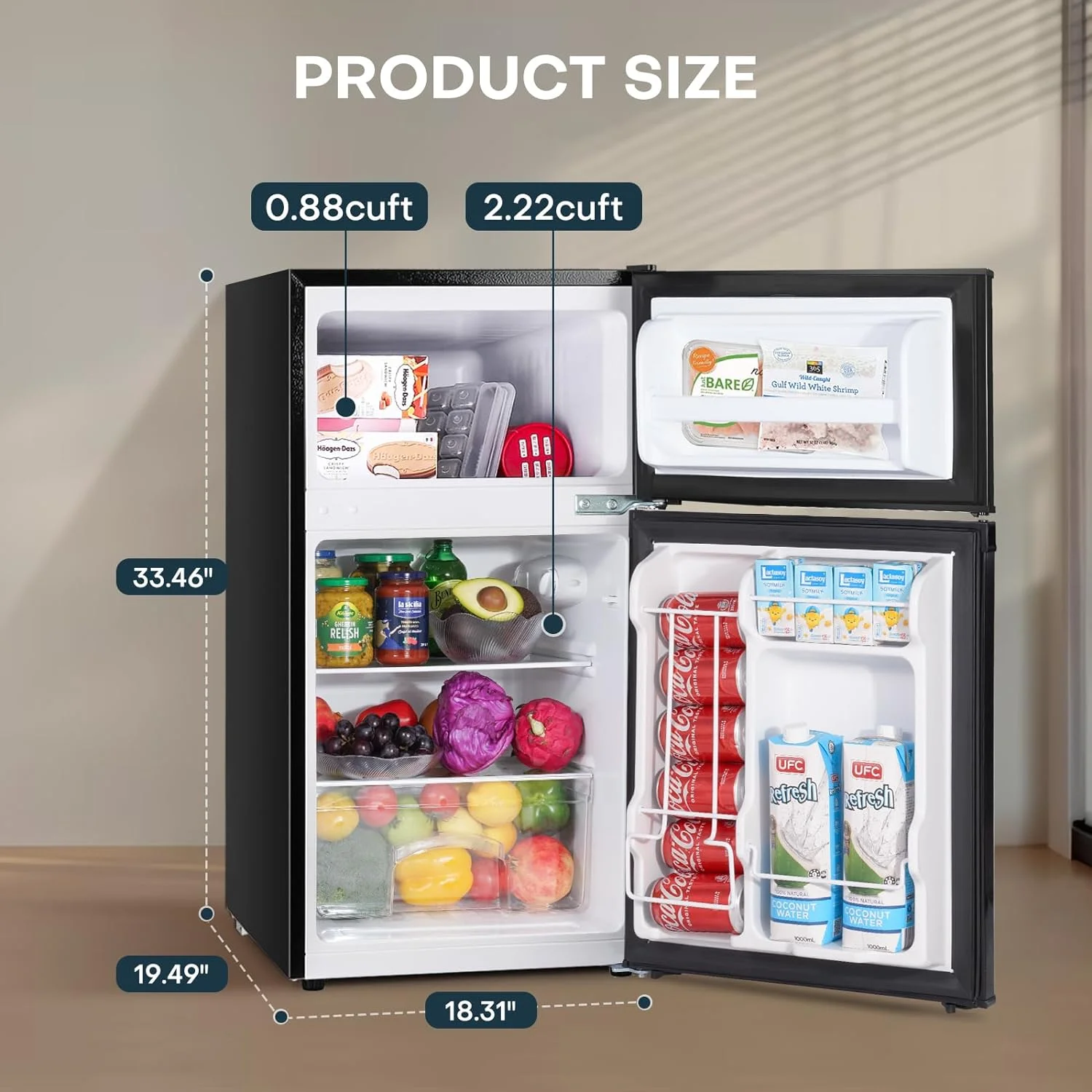 Upstreman 3.1 Cu.Ft Mini Fridge with Freezer, Double Door Small Fridge, Dorm Essentials, Adjustable Thermostat, Energy Saving, Mini Refrigerator for Office, Dorm,Bedroom, Stainless