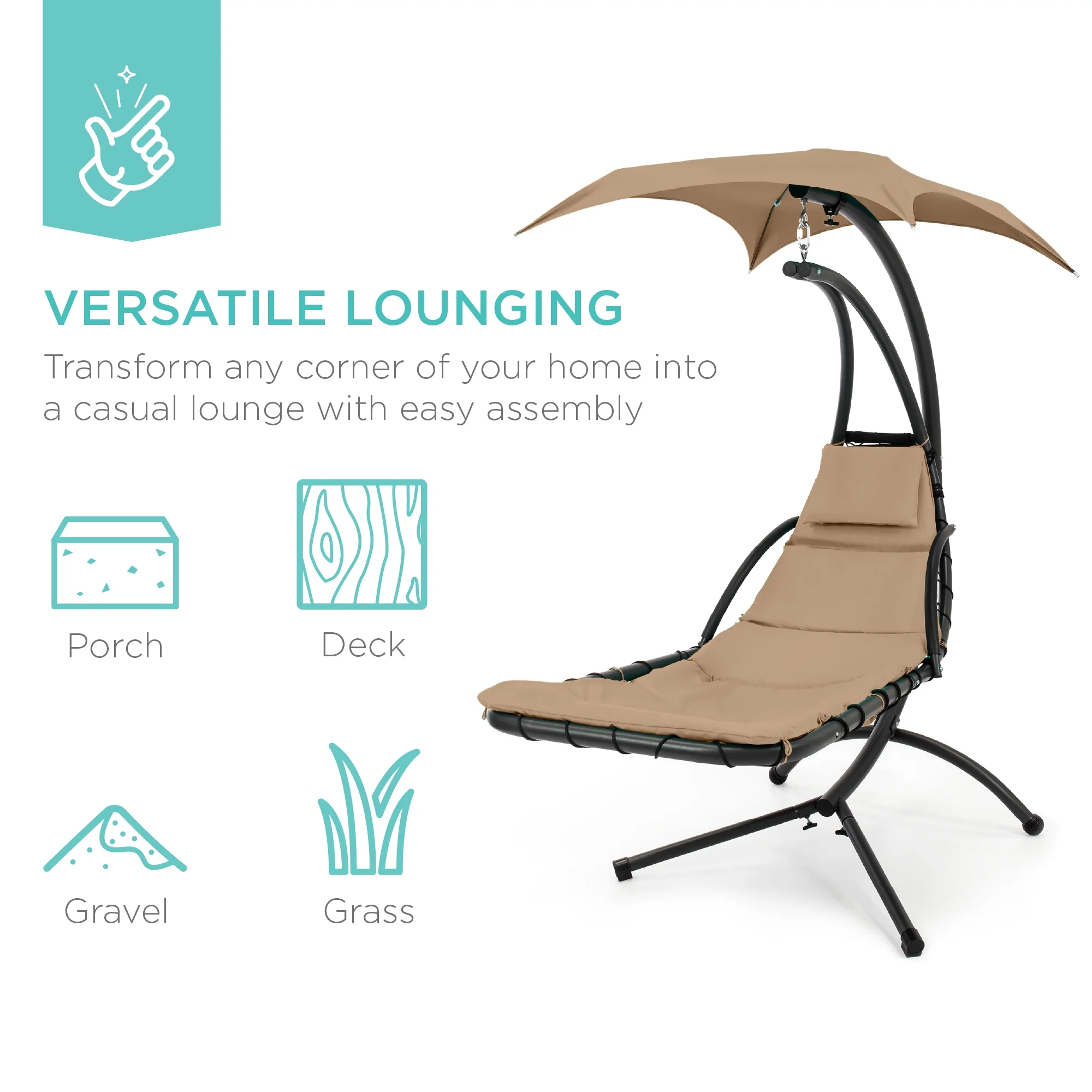 Best Choice Products Hanging Curved Chaise Lounge Chair Swing for Backyard, Patio w/ Pillow, Shade, Stand - Teal - Image 25