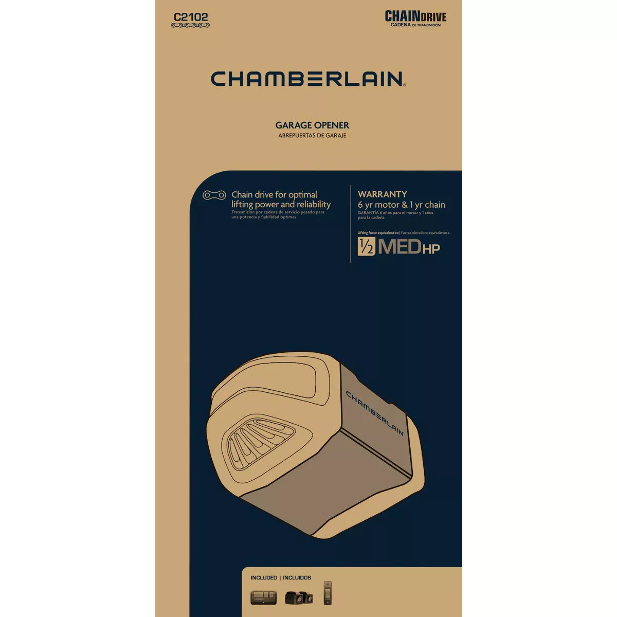 Chamberlain C2102 1/2 HP Durable Chain Drive Garage Door Opener with MED Lifting Power