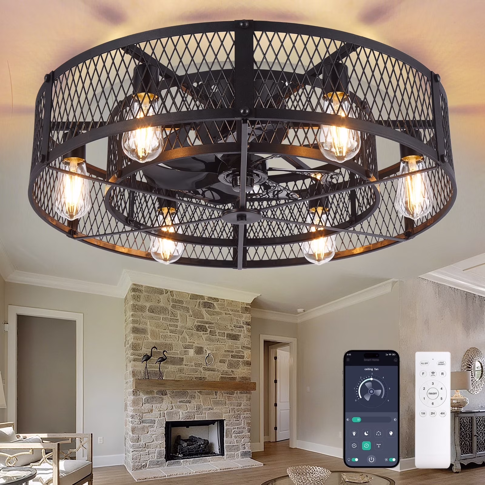26-Inch Farmhouse Caged Ceiling Fan with Light, Remote & APP Control Quiet DC Motor E26 Bulbs Included Black