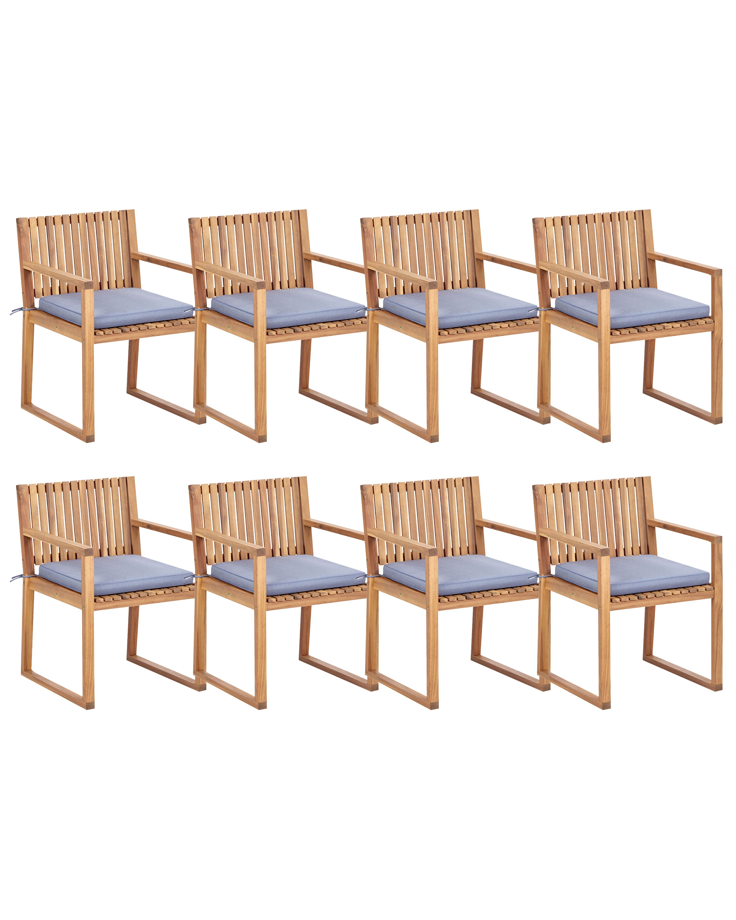 Set of 8 Garden Chairs with Cushions SASSARI II Certified Acacia Wood Blue