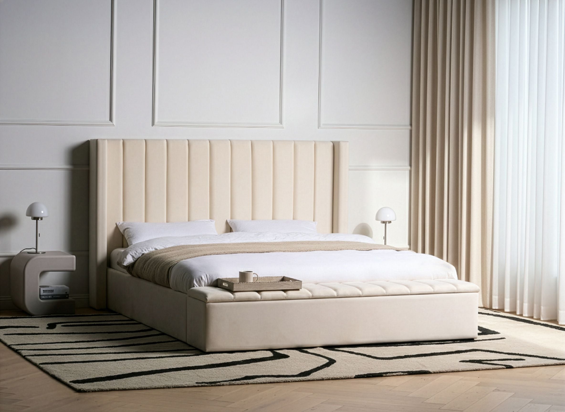 Waterbed with Storage Bench Velvet NOYERS 180 x 200 cm (EU Super King) Off-White