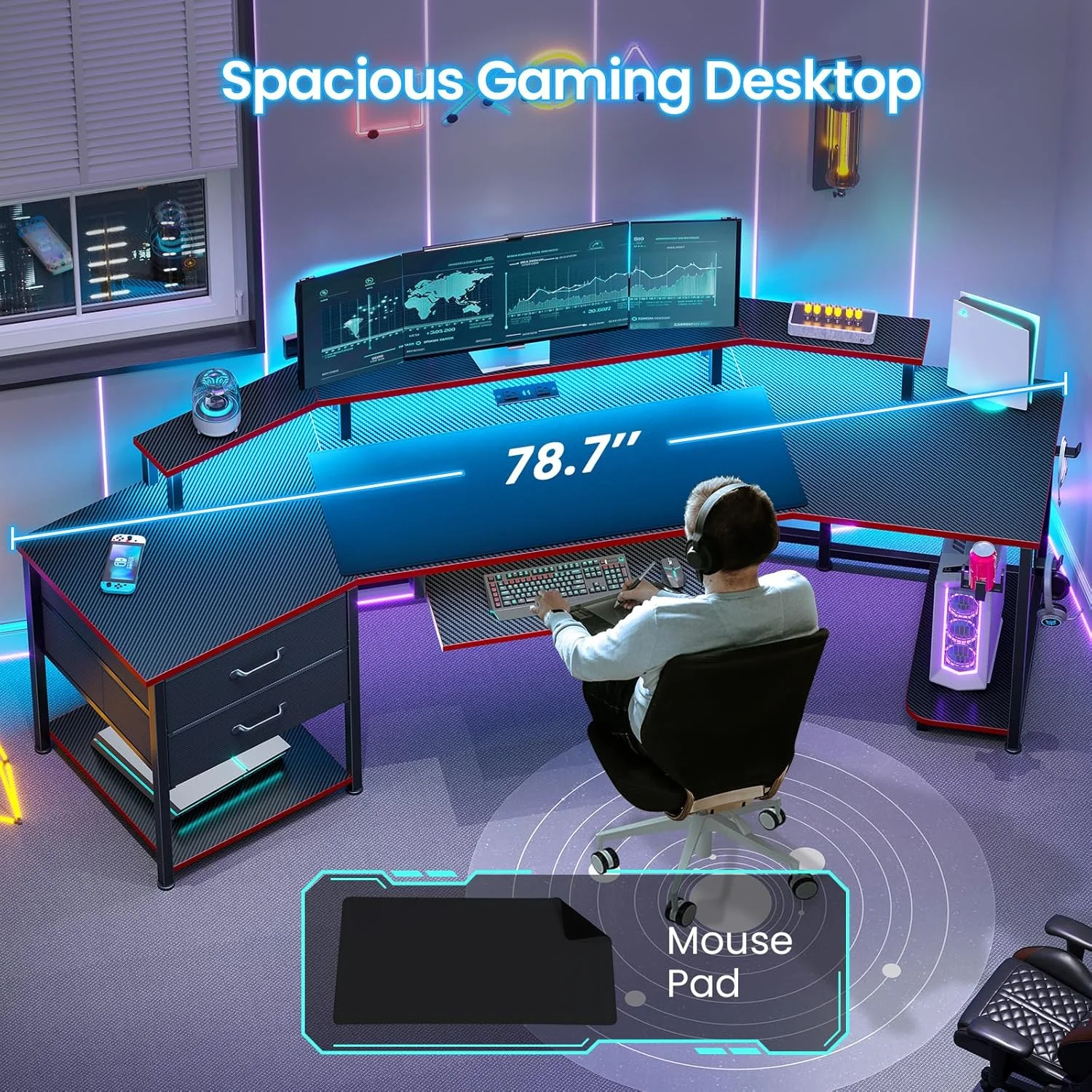 79" Gaming Desk with LED Lights and Power Outlets, U Shaped Desk with Monitor Stand and Drawers, Gaming Table with Keyboard Tray, Cup Holder and CPU Stand for Bedroom, Carbon Fiber Black - Image 15