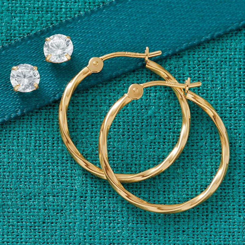 10K Gold 2-Pair Hoop and Cubic Zirconia Earring Set - MIDNIGHT VELVET CATALOG