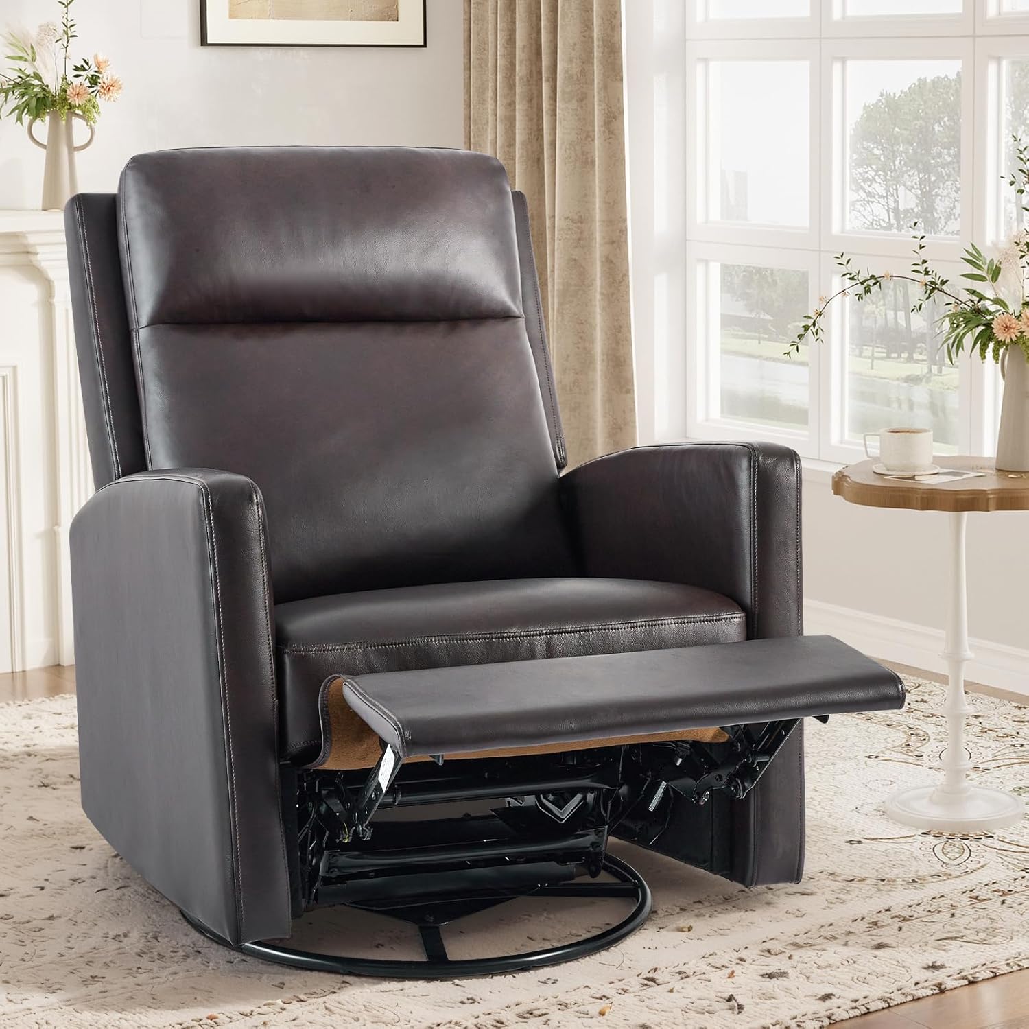 COLAMY Leather Recliner Chair for Adults, Swivel Rocker Recliner for Small Spaces, Wide Glider Rocking Nursery Chair with Ergonomic High Backrest, for Living Room, Office, Bedroom(Chocolate Brown