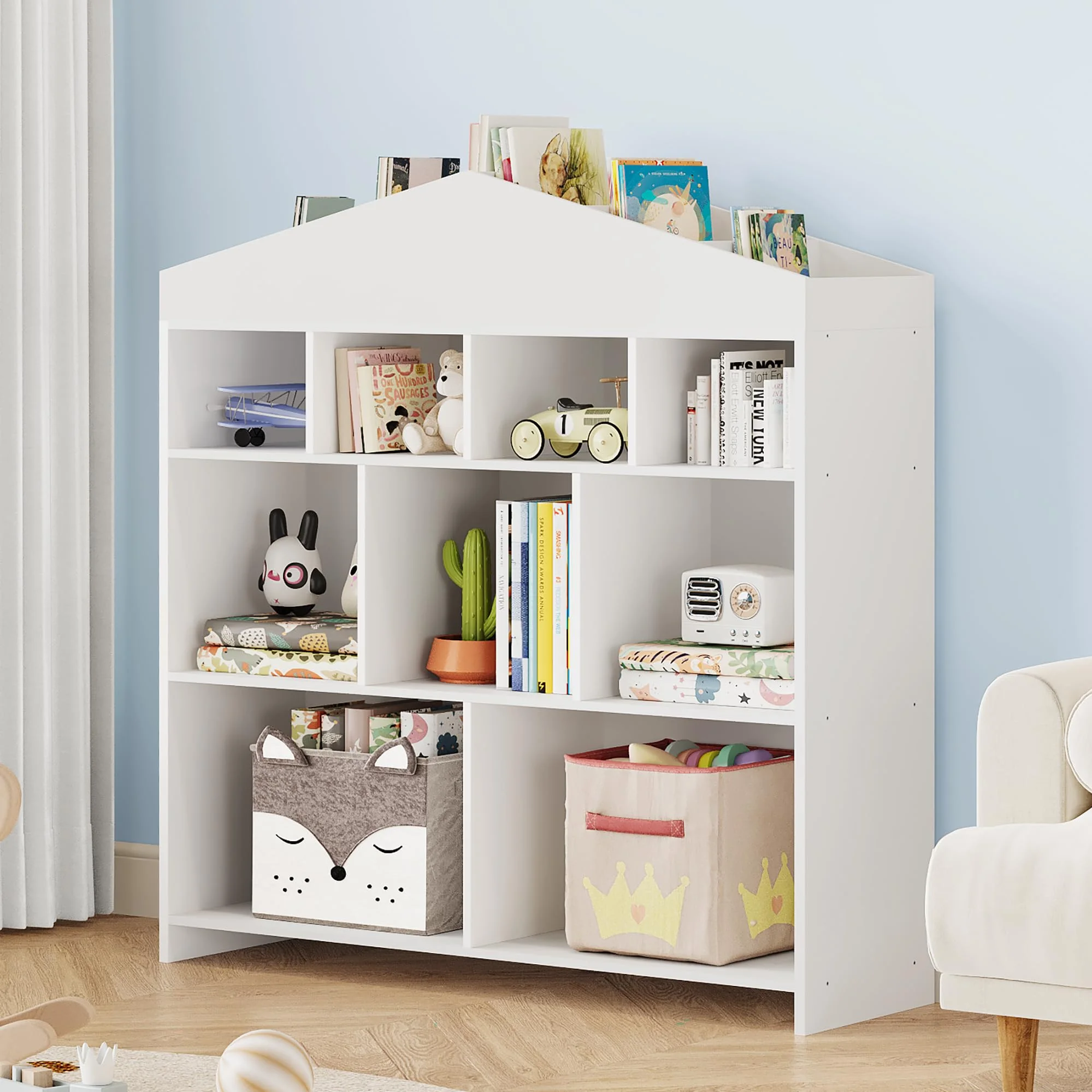 DSstyles Kids Bookshelf 9-Cubby Toy Storage Organizer White Bookcase Toddlers Playhouse Cabinet Shelf for Boys Girls Wooden Storage Toy Shelf for Playroom, Nursery, Kids Room - Image 7