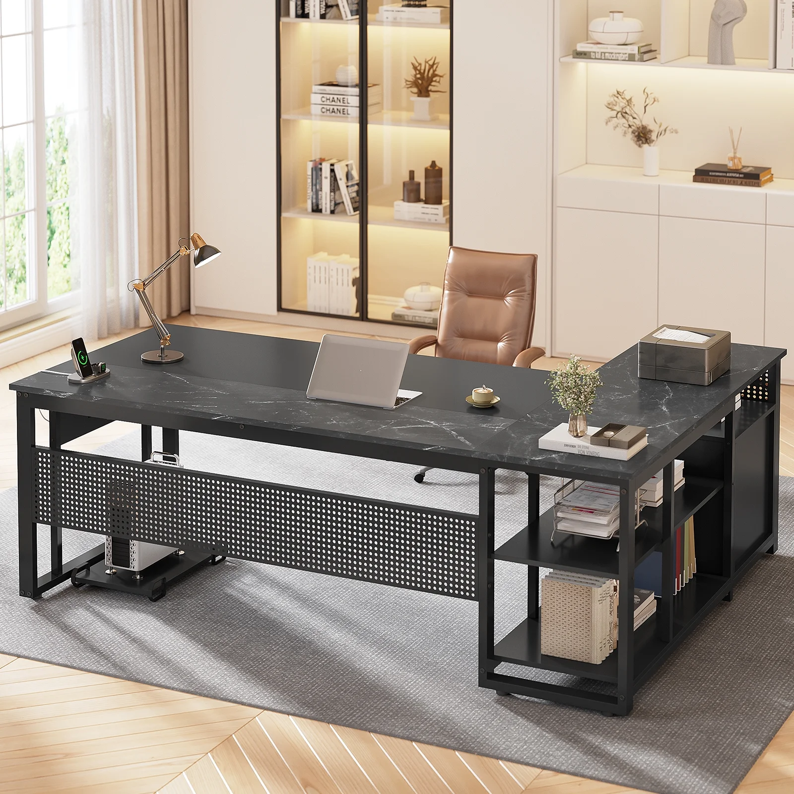 71" Executive Desk with Power Outlets, Modern L Shaped Office Desk with File Drawers and Pegboard, Large Computer Desk, Rustic Brown - Image 17