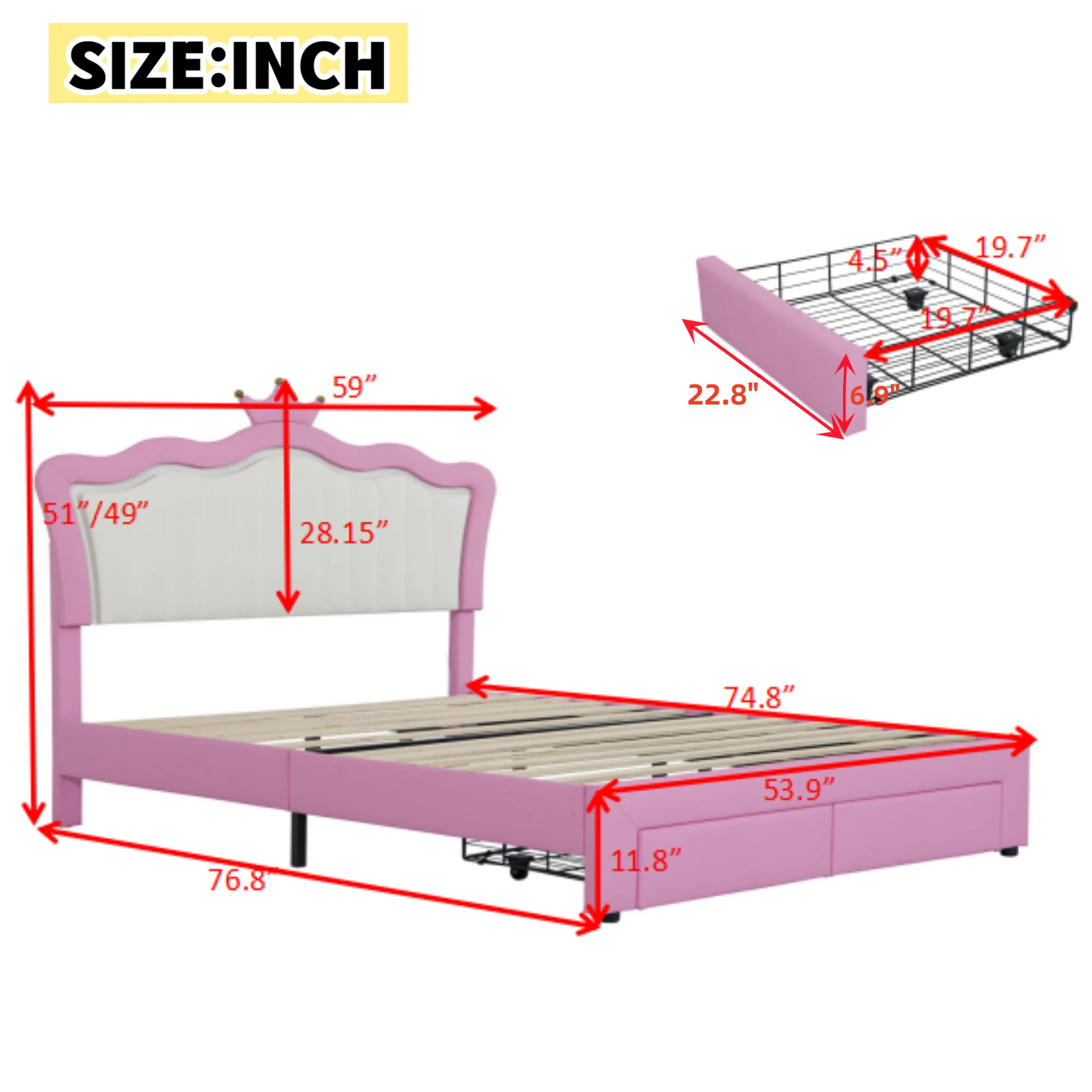 Miniyam Upholstered Twin Size Bed with LED Lights, Crown Headboard for Kids, Pink - Image 14
