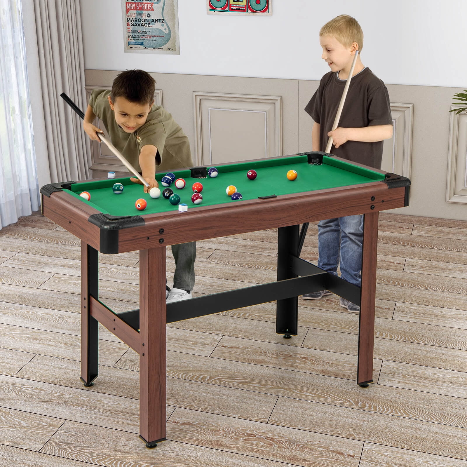 Costway 48" Pool Table for Kids & Adults with Full Set of Balls 2 Cue Sticks 2 Chalks Green - Image 2