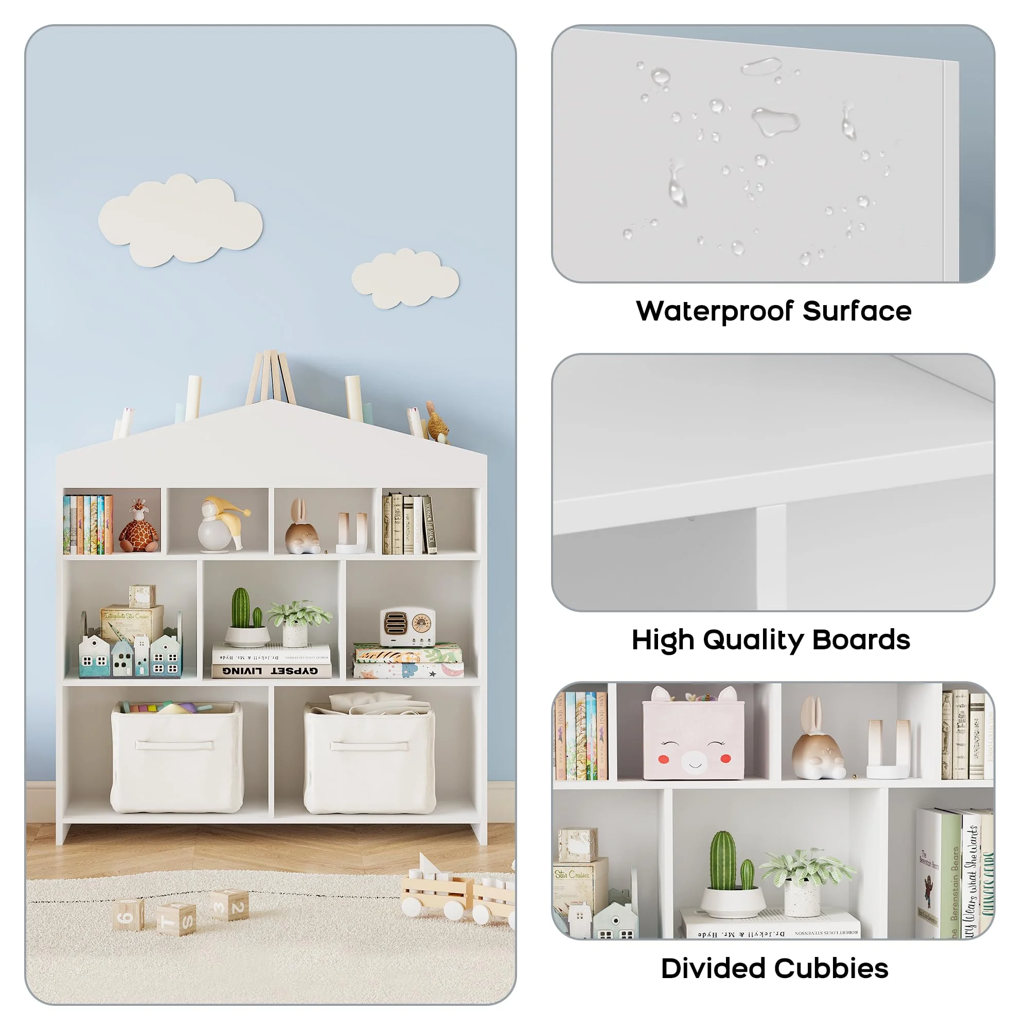 DSstyles Kids Bookshelf 9-Cubby Toy Storage Organizer White Bookcase Toddlers Playhouse Cabinet Shelf for Boys Girls Wooden Storage Toy Shelf for Playroom, Nursery, Kids Room - Image 6