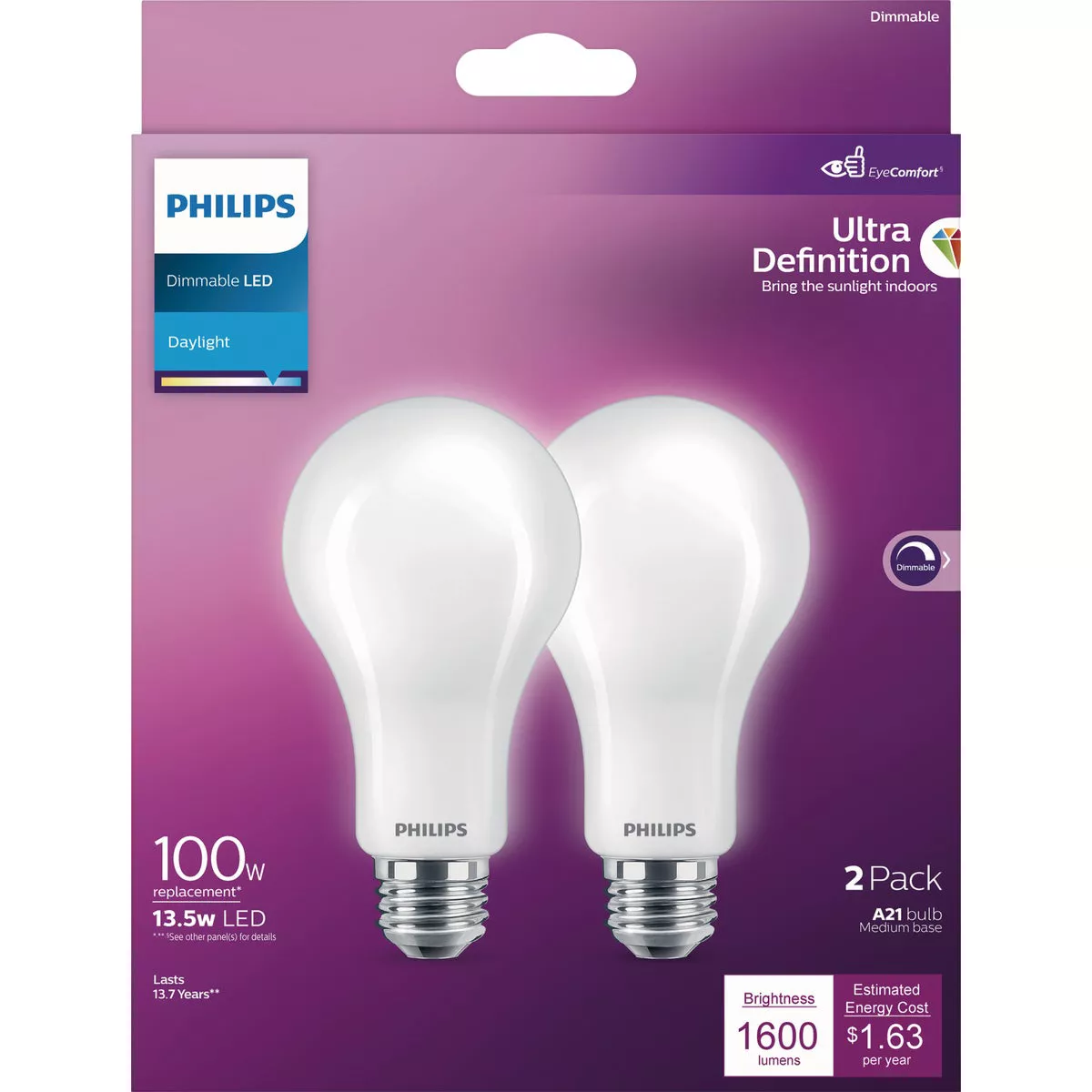 Philips Ultra Definition 100W Equivalent Daylight A19 Medium Dimmable LED Light Bulb, Frosted (2-Pack)