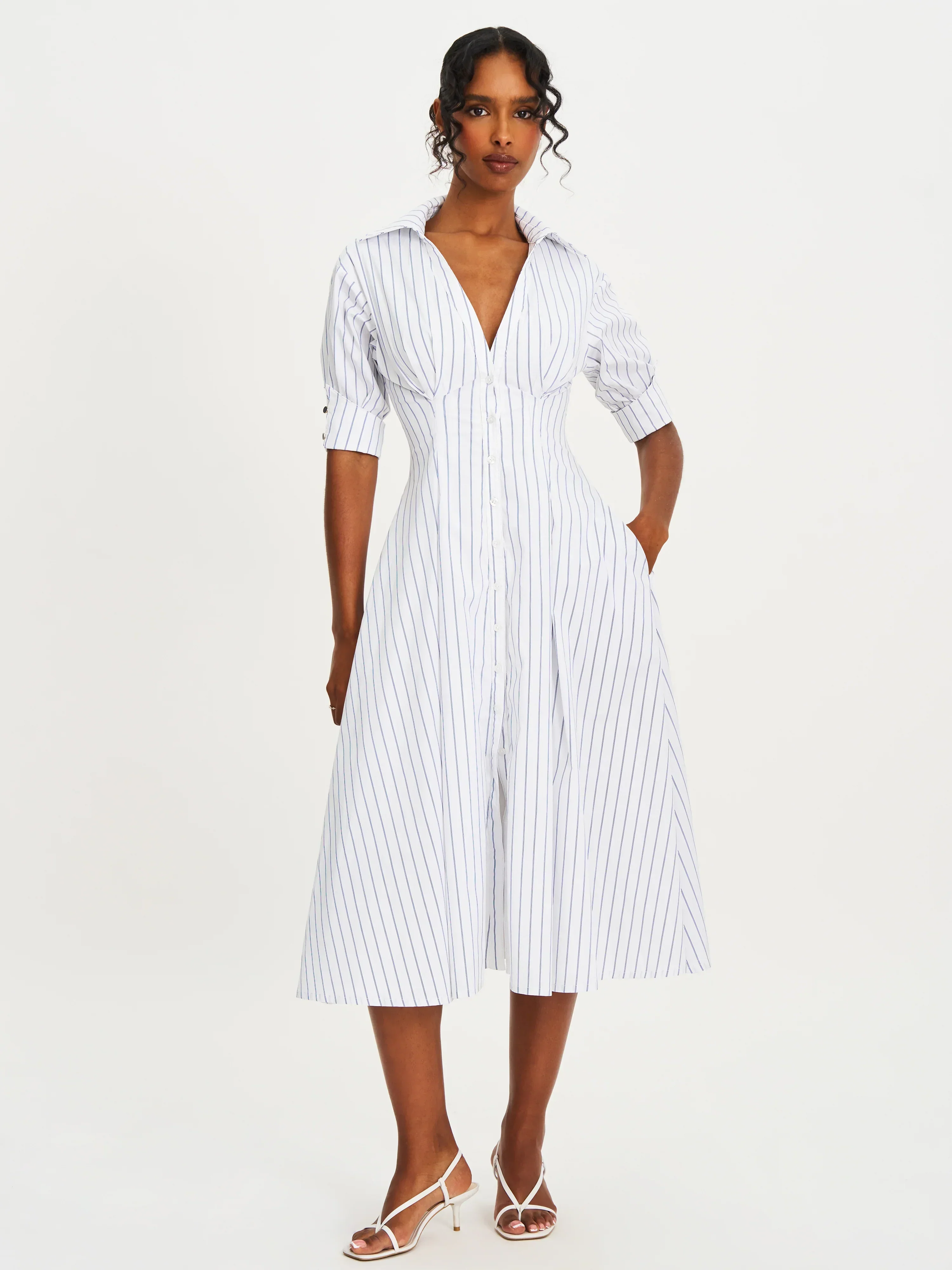 Palina Pinstripes Cotton Poplin Pleated Midi Preppy Shirt Dress