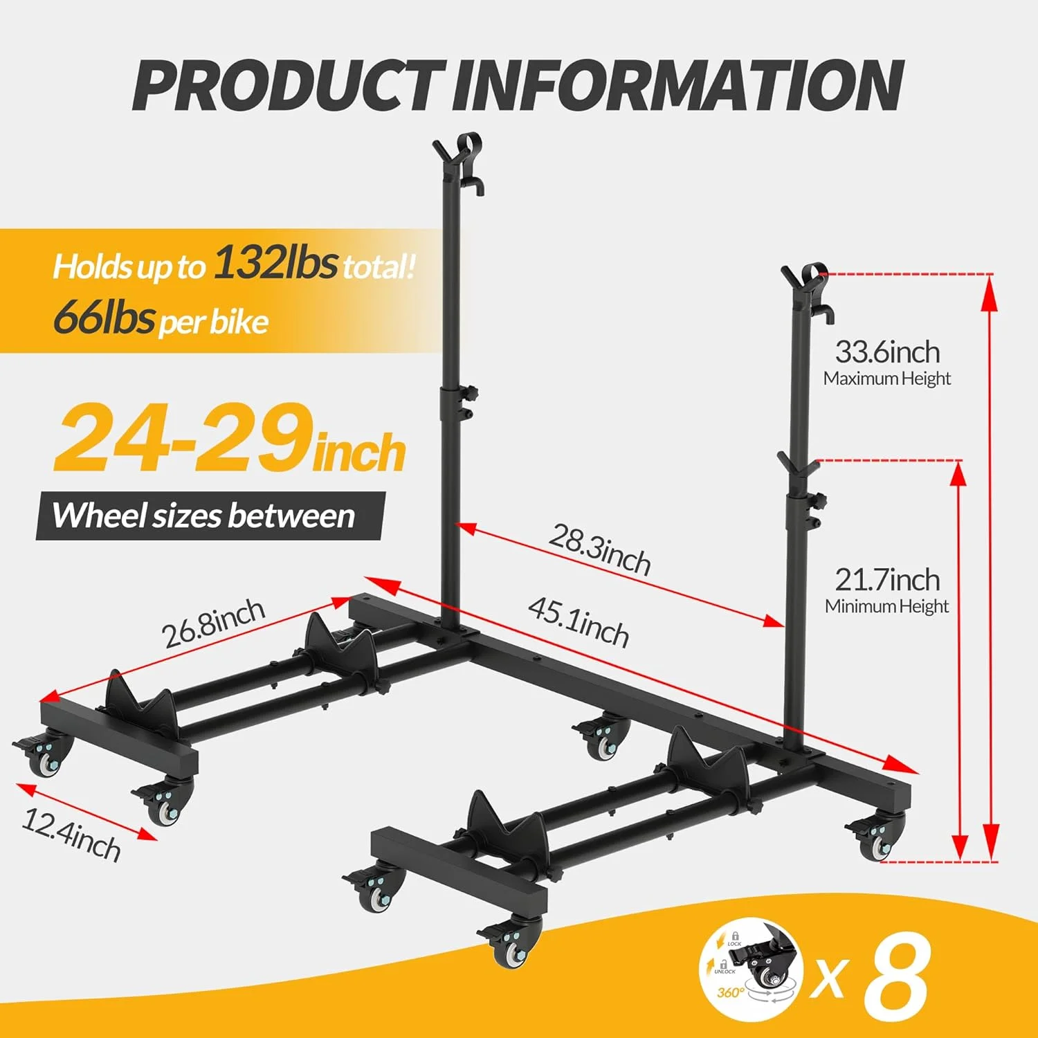 Vertical Bike Stands (2 Pack)��Standing Bike Rack for Garage Floor��Upright Bicycle Floor Stand Indoor Bike Holder with Adjustable Height for Garage & Apartment - for Wheels Sizes up to 29�� - Image 6