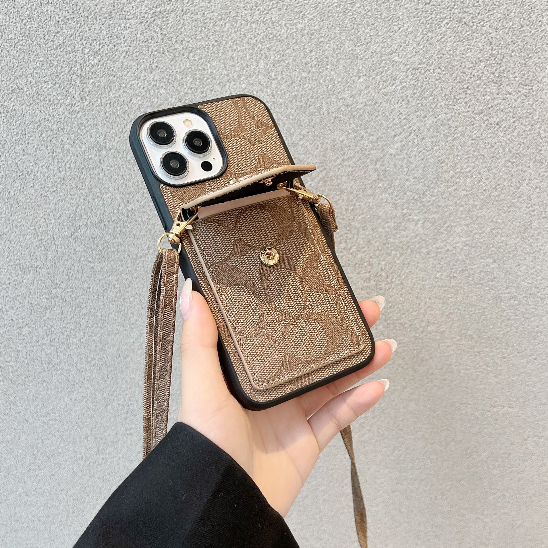 Coach iPhone Case With Card Holder And Strap Light Brown -SJ240513 - Wholesale & Influencer