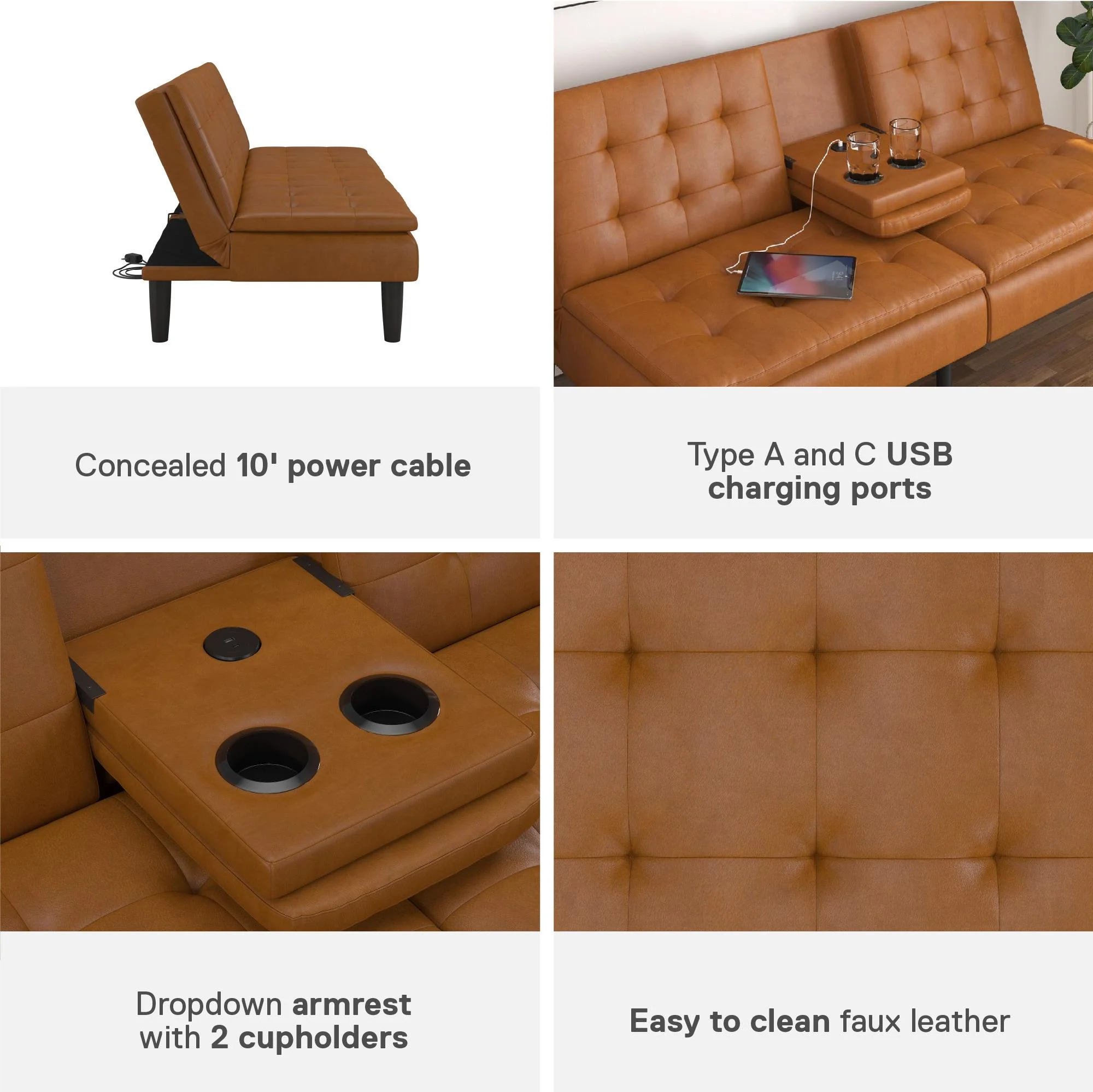 Mainstays Memory Foam 71.5" Futon with Cupholder and USB, Black Faux Leather - Image 37