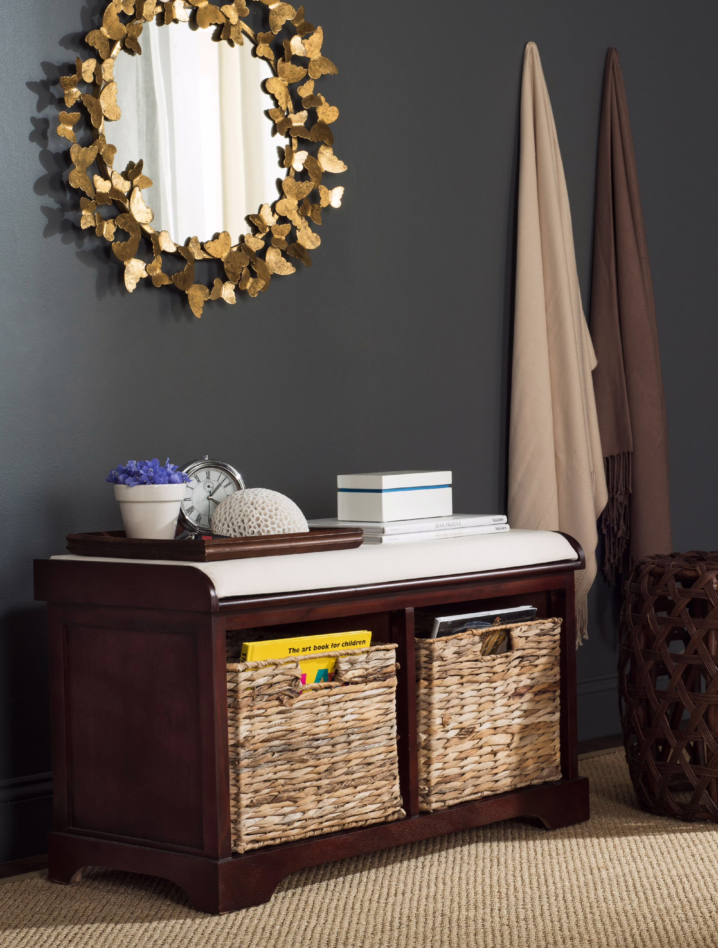 SAFAVIEH Freddy Contemporary Wicker Storage Bench with Cushion, Vintage Grey - Image 3
