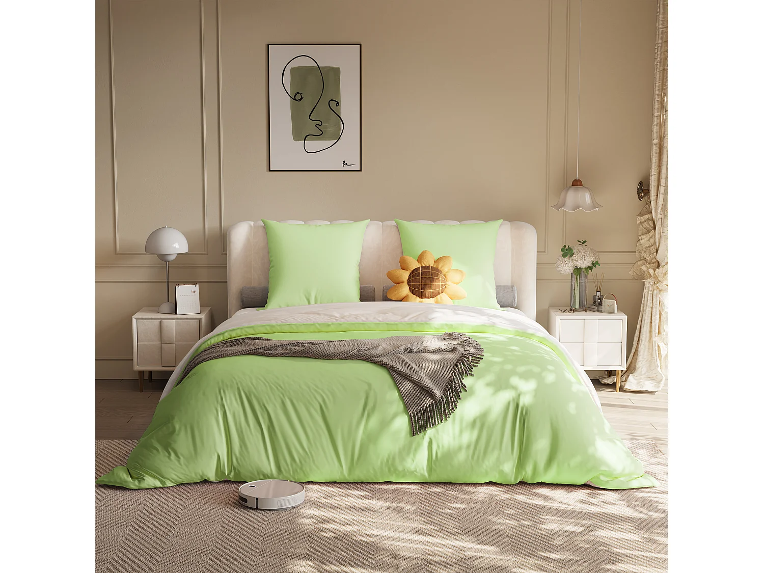 Parure de lit réversible en microfibre,drap-housse 160x200x30 cm, housse de couette avec corde d'angle,2 taies d'oreiller,blanc vert