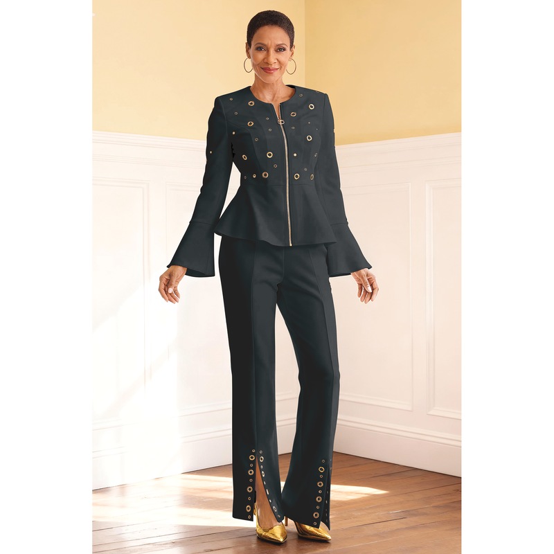Oriana Grommet-Detail Pant Set with Zip-Front Jacket and Split-Ankle Flare Leg - MIDNIGHT VELVET CATALOG